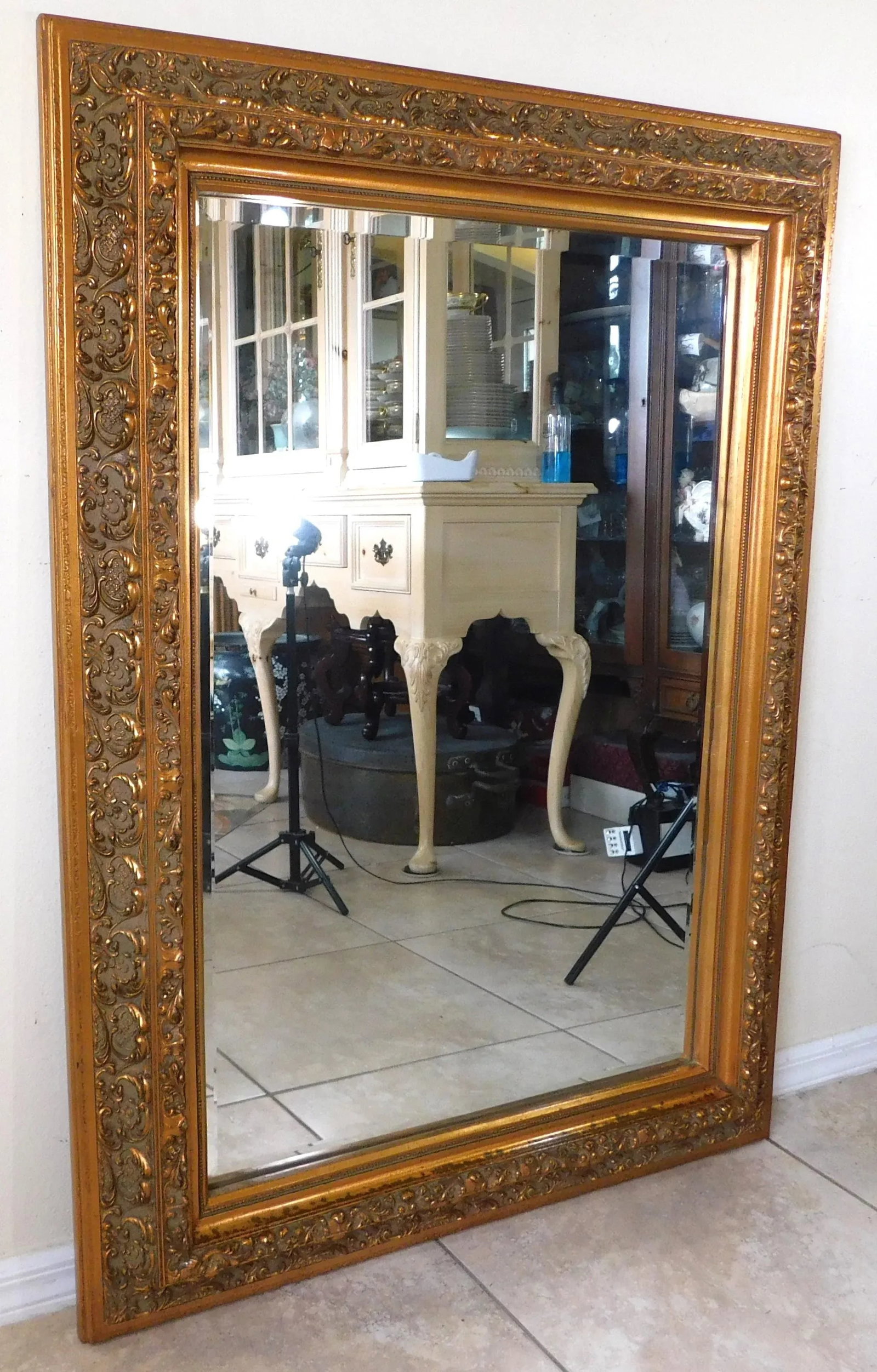 Large Vintage Ornate Gold Beveled Hanging Wall Mirror - 4