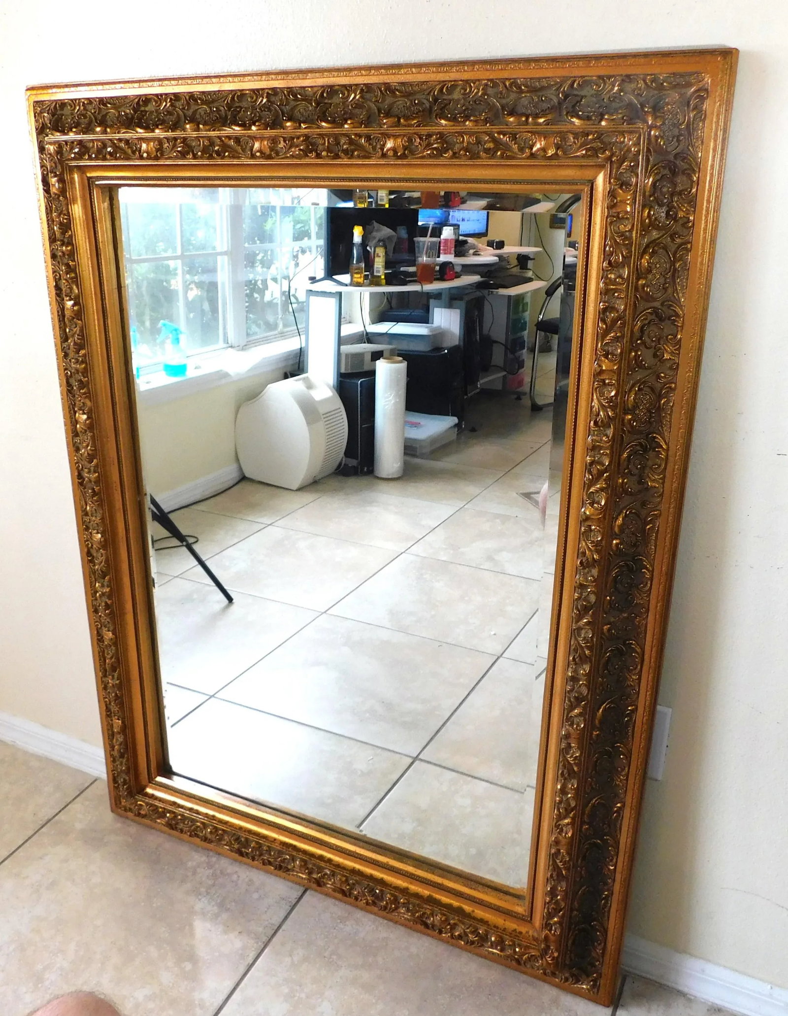 Large Vintage Ornate Gold Beveled Hanging Wall Mirror - 5