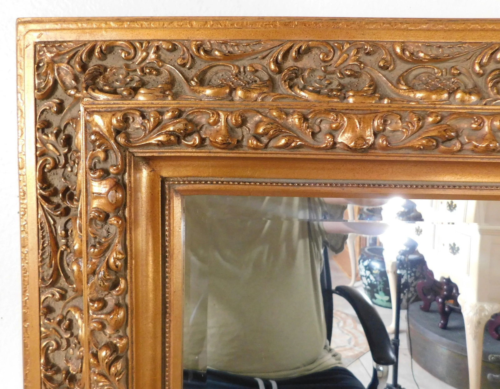 Large Vintage Ornate Gold Beveled Hanging Wall Mirror - 6