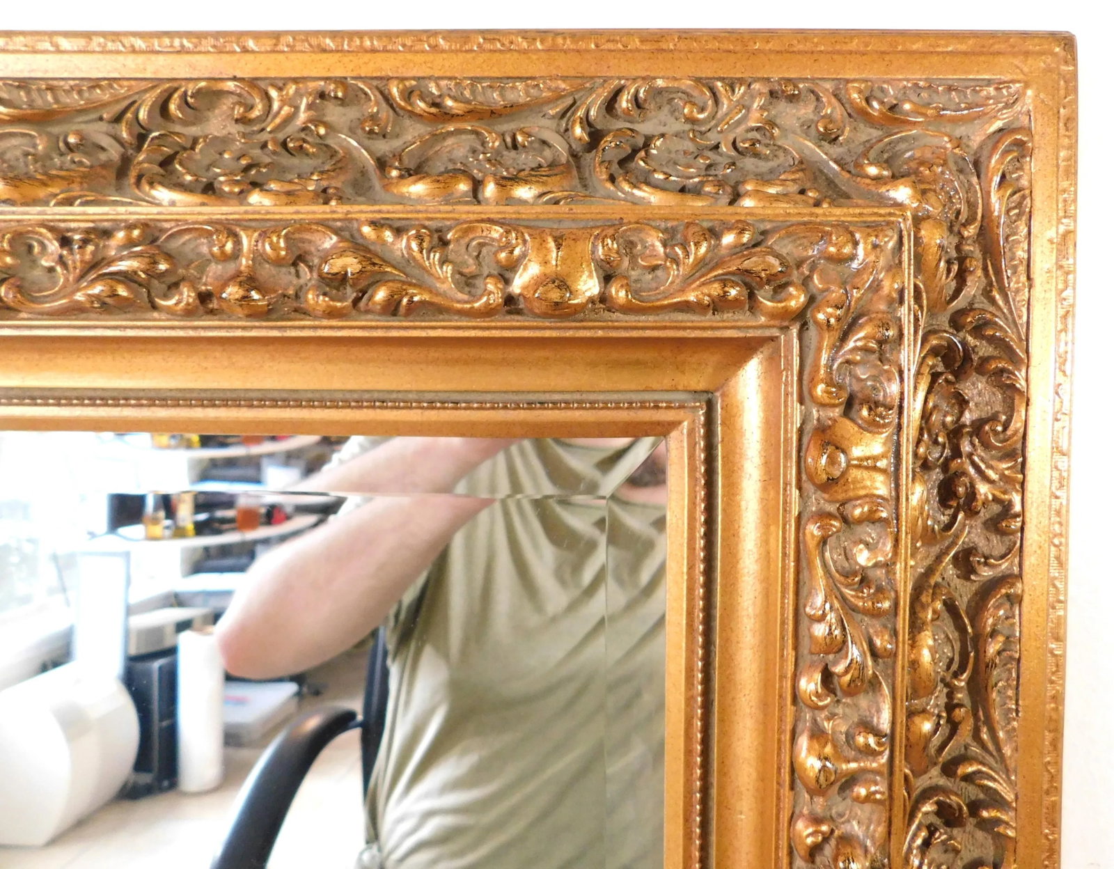 Large Vintage Ornate Gold Beveled Hanging Wall Mirror - 7