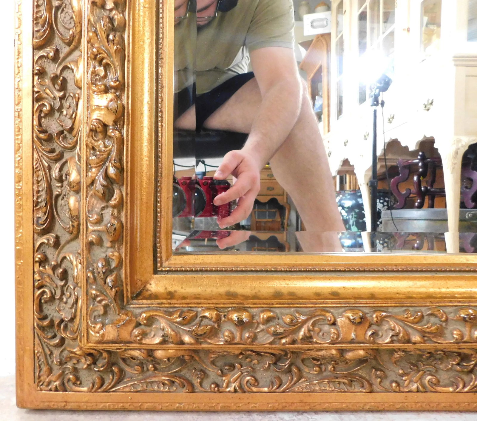 Large Vintage Ornate Gold Beveled Hanging Wall Mirror - 8