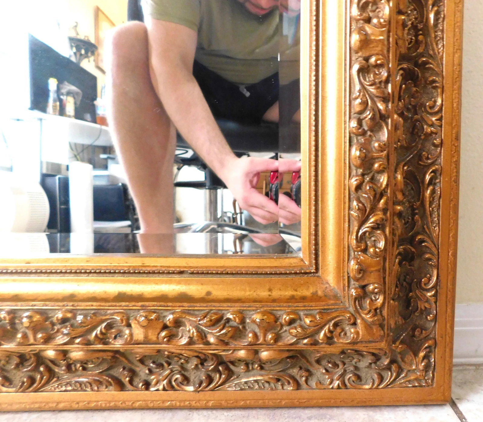 Large Vintage Ornate Gold Beveled Hanging Wall Mirror - 9