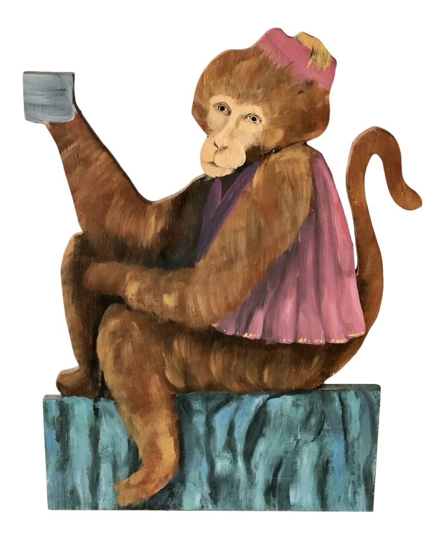 Outsider Art Painted Plywood Monkey Sculpture Signed & Dated 1993: Palm Beach estate find! Two-dimensional Painted Plywood Sculpture entitled "JOCKO" 1993 Signed. I believe this is a capuchin monkey, probably the famous Jocko, the organ grinders naughty monkey, that 