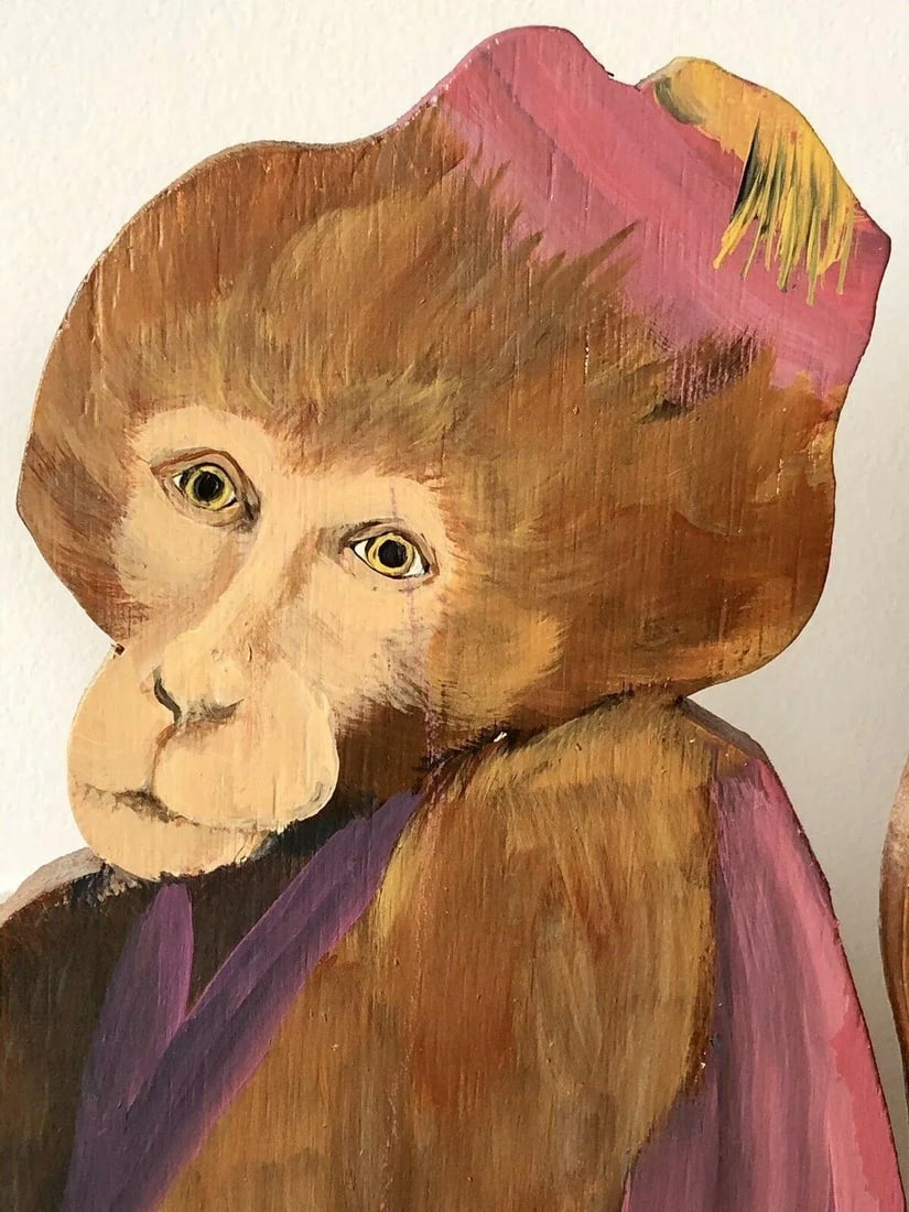 Outsider Art Painted Plywood Monkey Sculpture Signed & Dated 1993 - 2