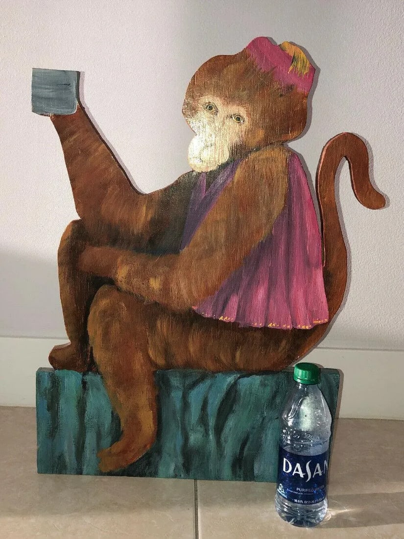 Outsider Art Painted Plywood Monkey Sculpture Signed & Dated 1993 - 5