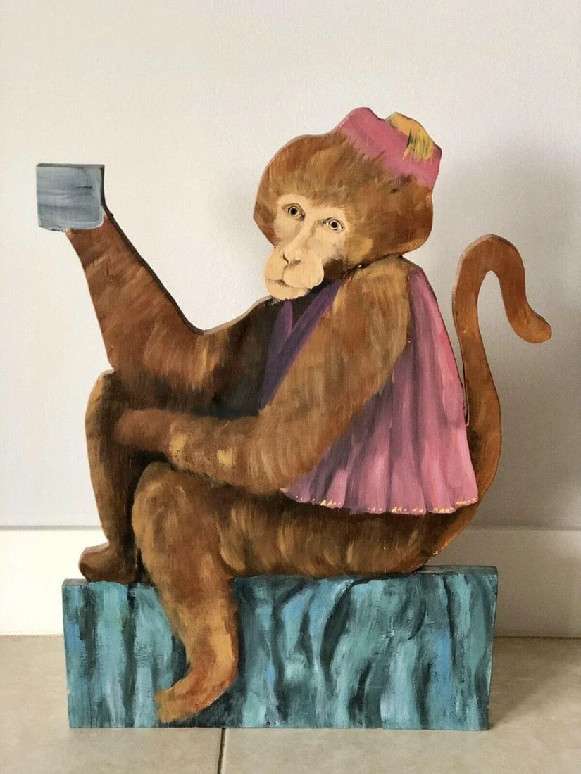 Outsider Art Painted Plywood Monkey Sculpture Signed & Dated 1993 - 6