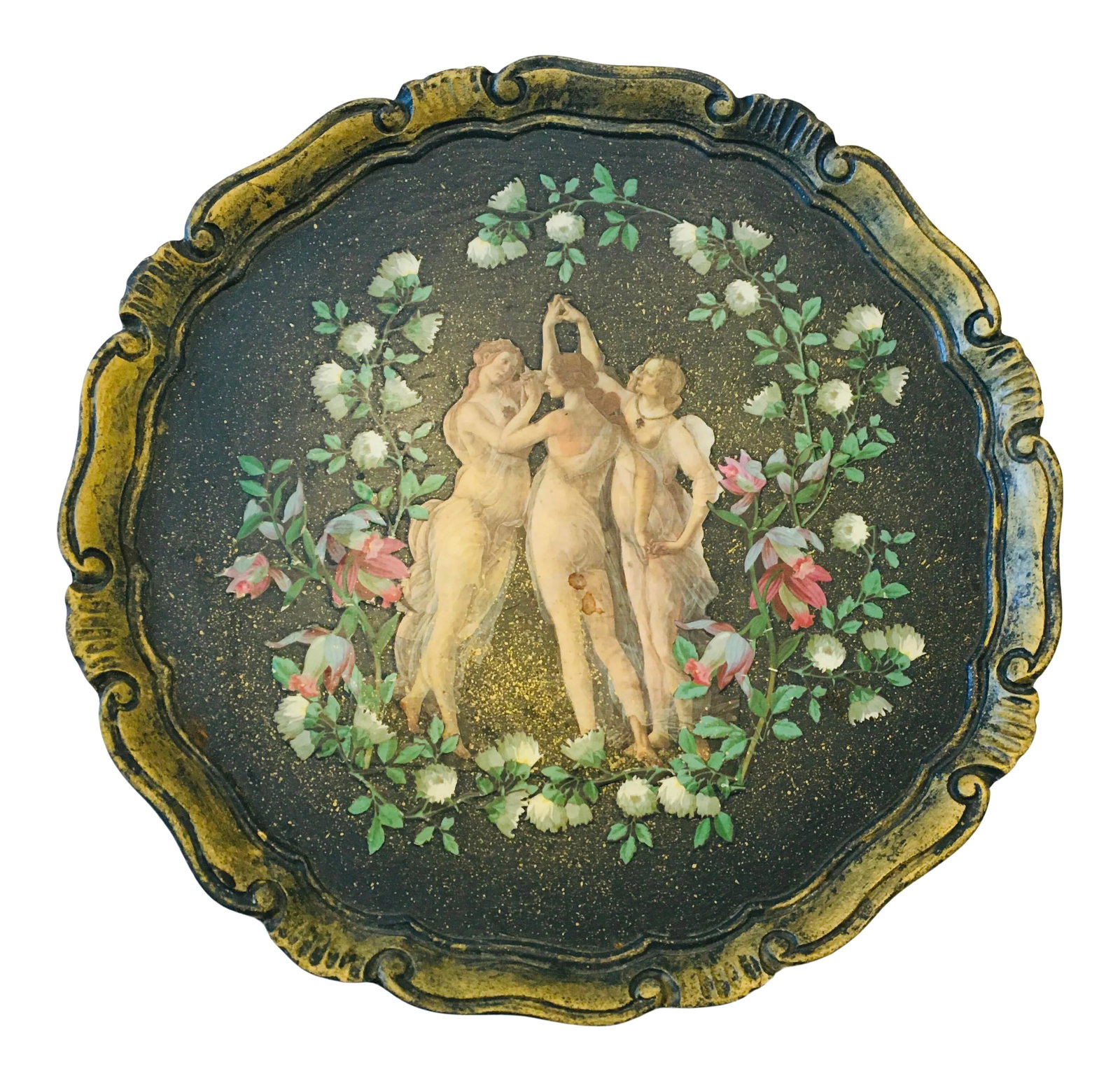 1980s Decoupage of the Three Graces: This Florentine reticulated platter features a decoupage of the three graces with floral surrounds. The pieces are cut out with very fine detail Signed on the back CDC Condition: Alterations:
