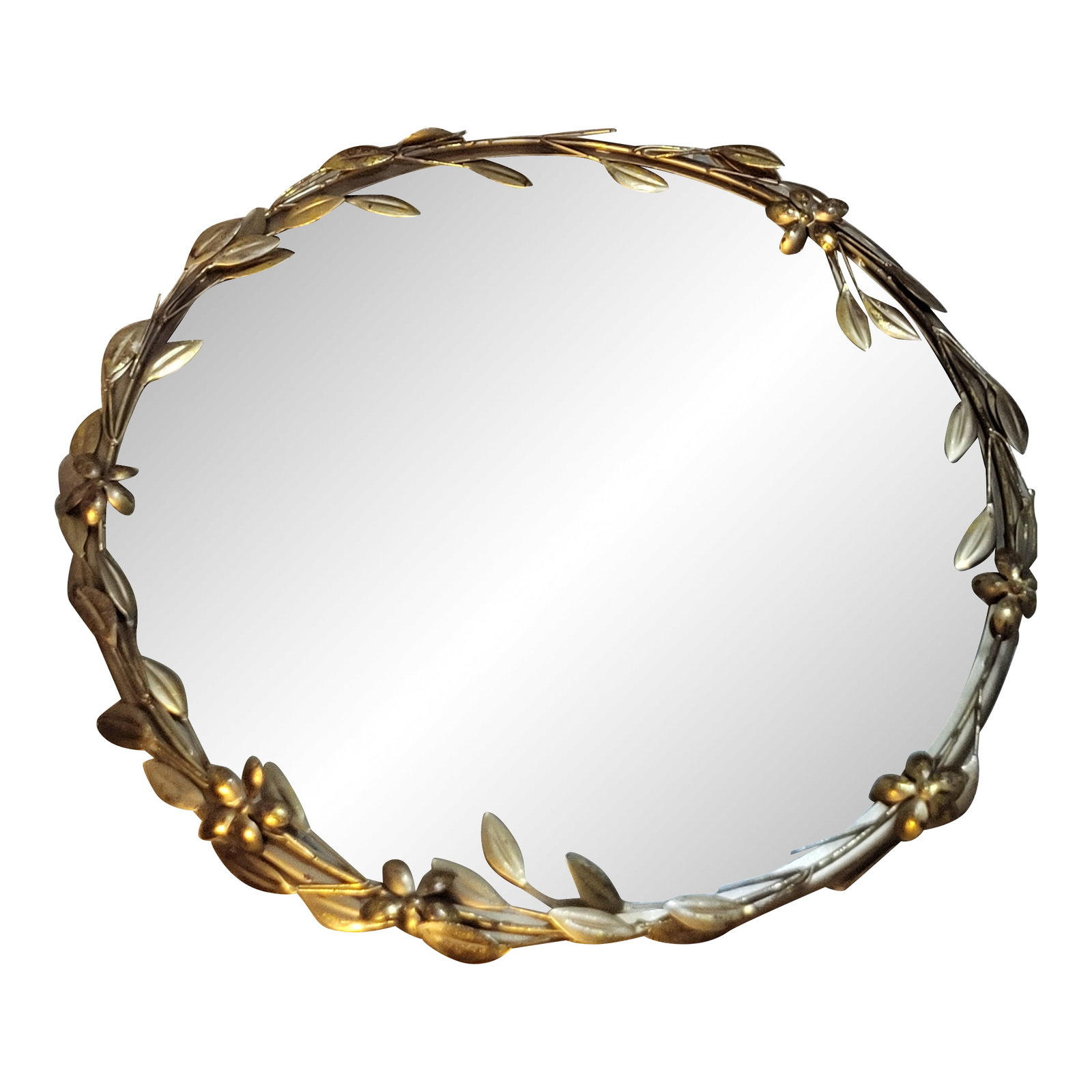 Hollywood Regency Style Vintage Wall Mirror With Weeping Gold: This is a gorgeous gold beveled glass mirror withmetal flowers, vines and weeping gold. Weighs approximately 10lbs. Dates to the 2000s era and is in great condition. Condition: Alterations: Original C
