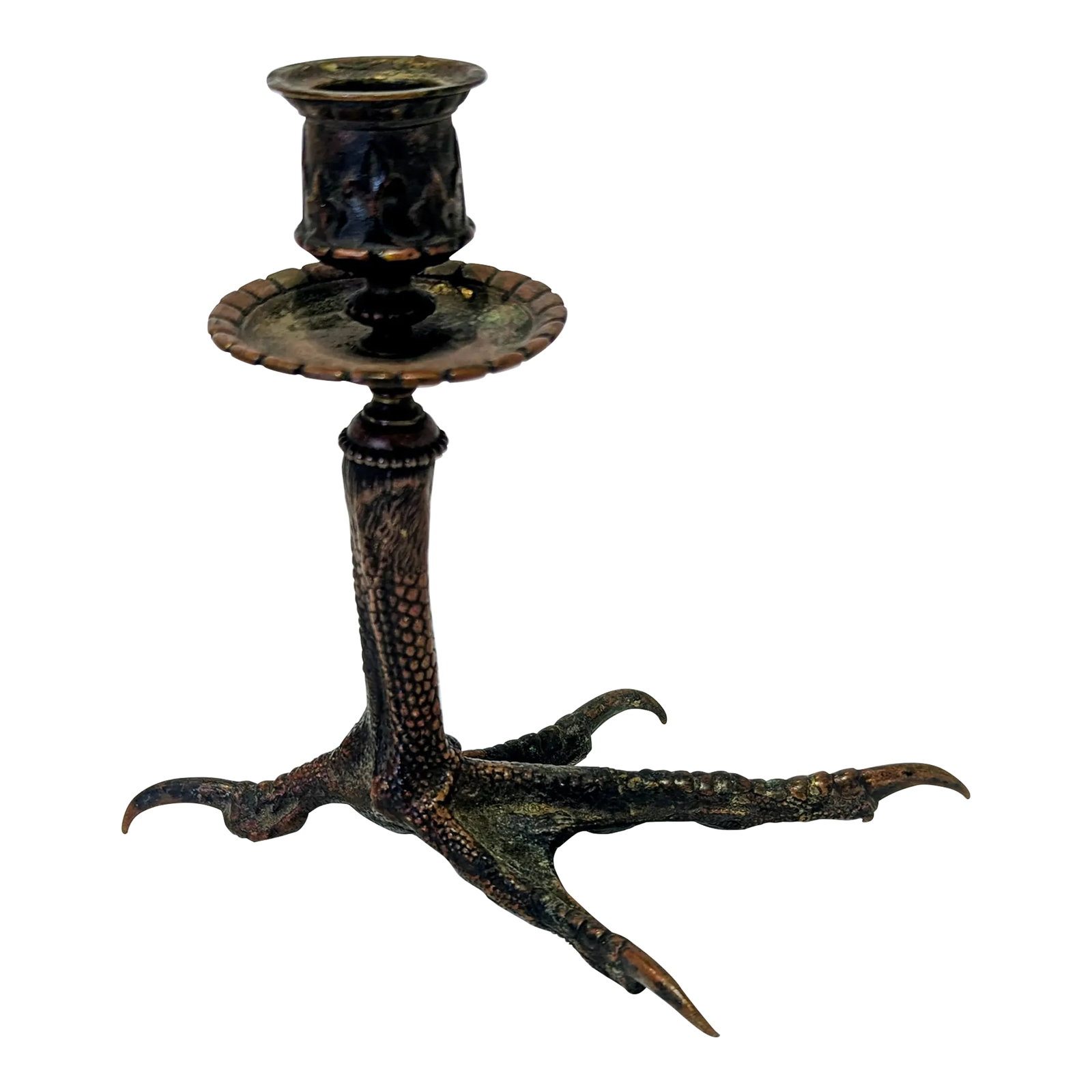 Mid-Century Bronze Bird-Leg Candlestick, Gothic Revival Style: Sculptural bronze candlestick modeled as a bird of prey's leg and talon. Dark patina with warm highlights. Mid-20th century example inspired by Victorian curiosity objects. Condition: Alterations: