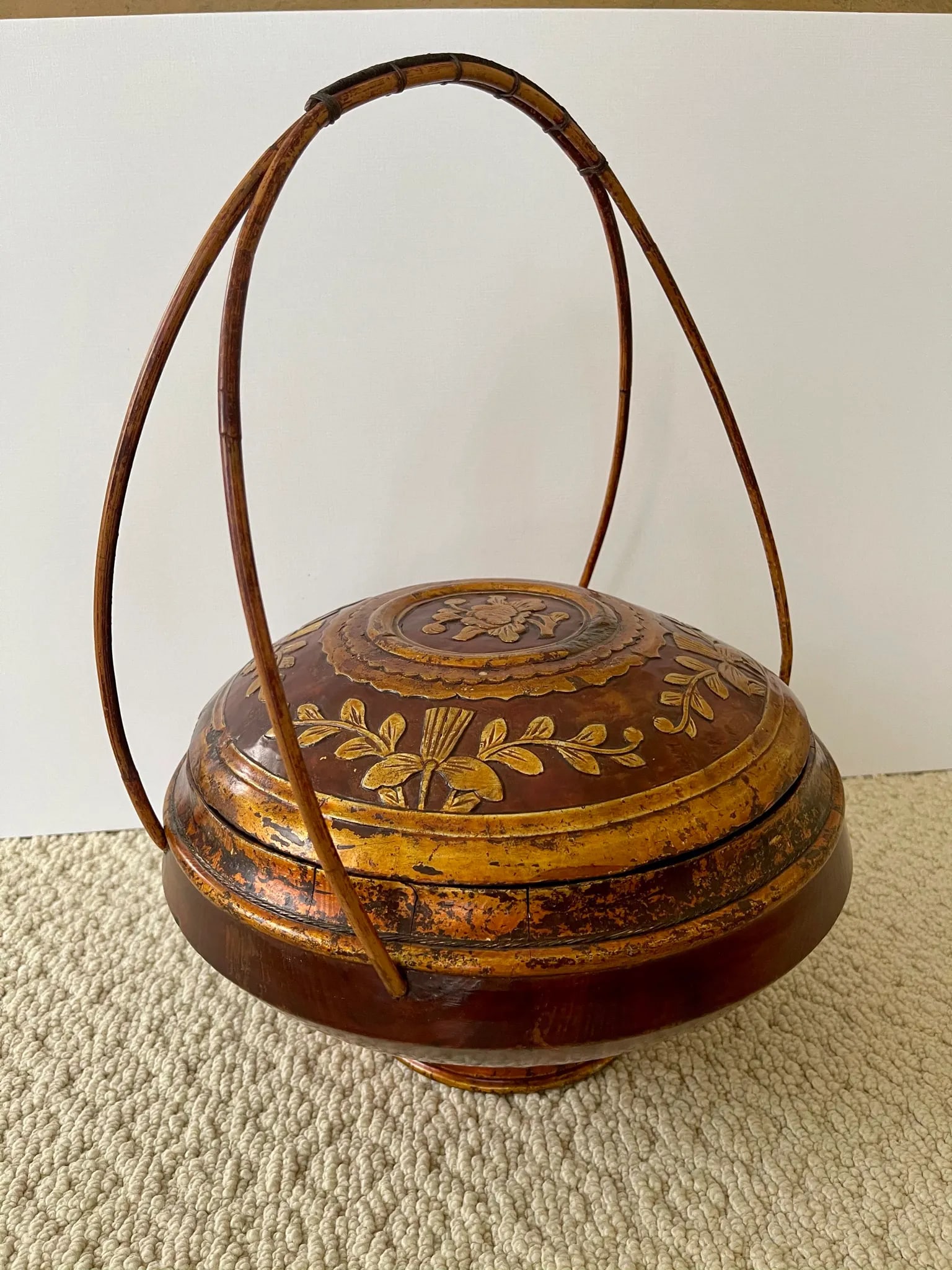 Antique Mid 19th Century Chinese Hand Carved Wooden Basket - 2