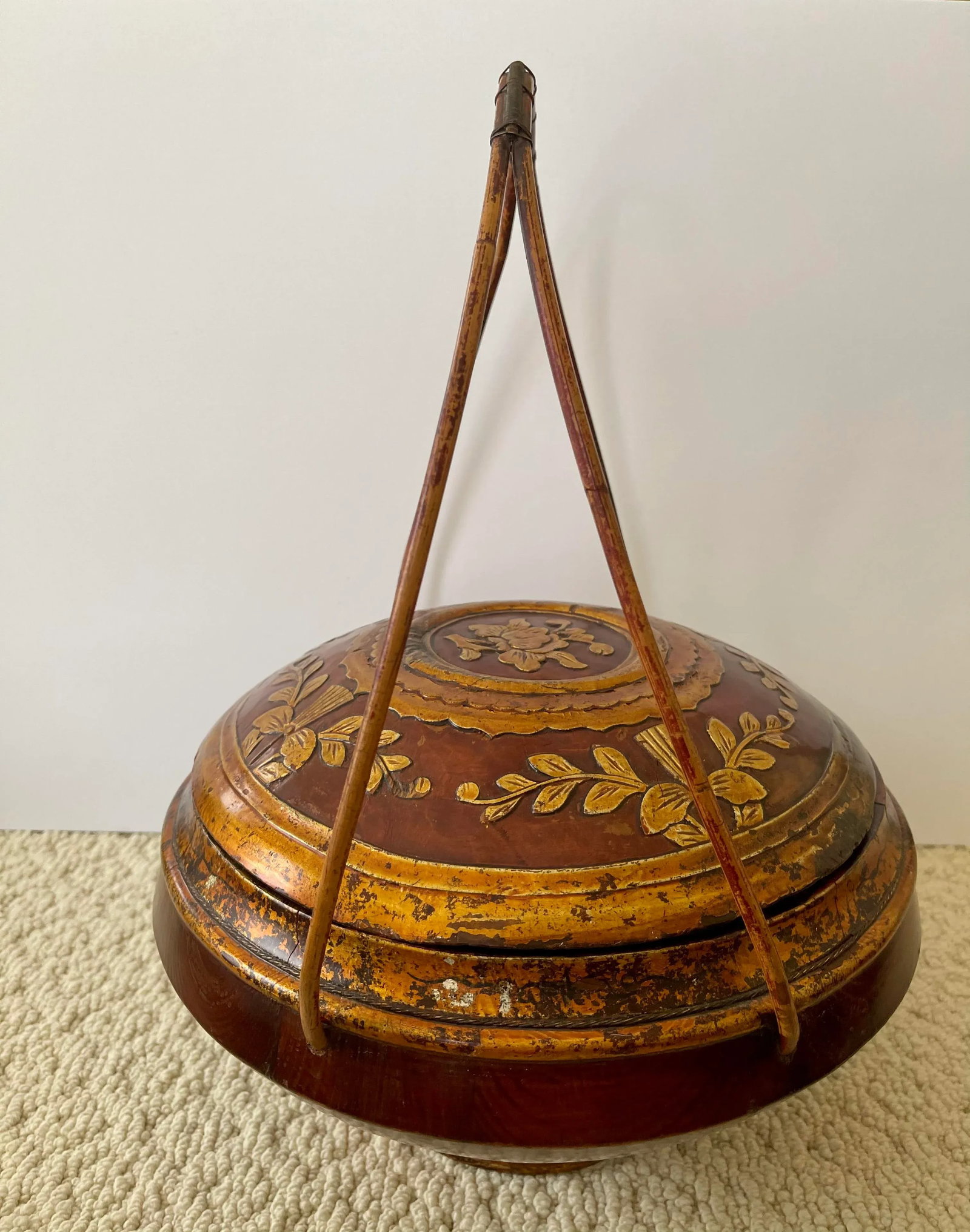 Antique Mid 19th Century Chinese Hand Carved Wooden Basket - 4