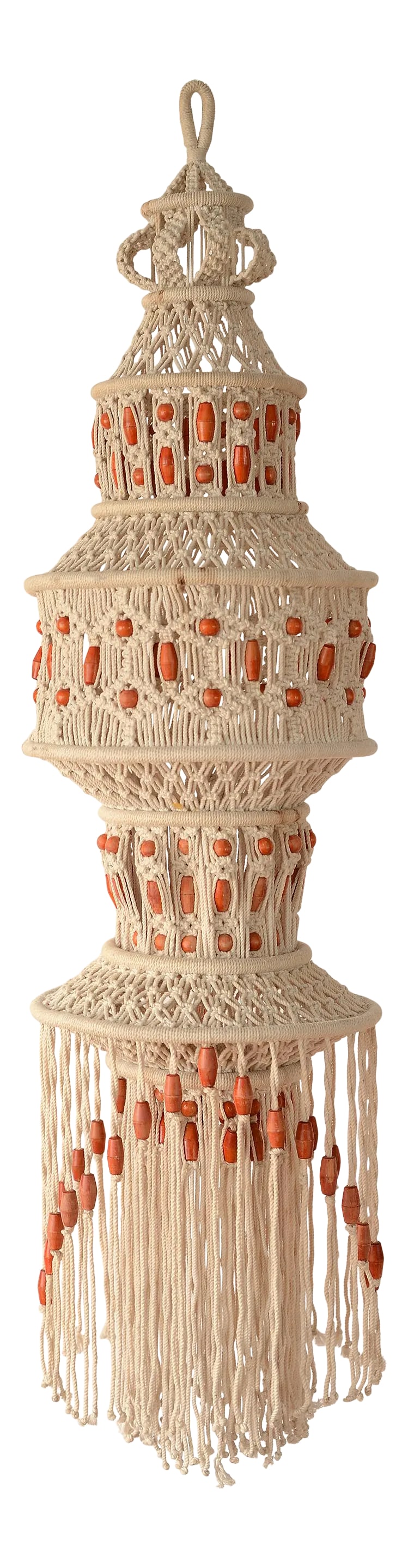 1970s Large Boho Hanging Beaded Macrame Mobile Sculpture: A vintage beauty of incomparable boho chic magnitude! A piece of this size (60" tall) is very rare and hard to find! This large-scale handmade macrame mobile/sculpture was made in the 1970s with