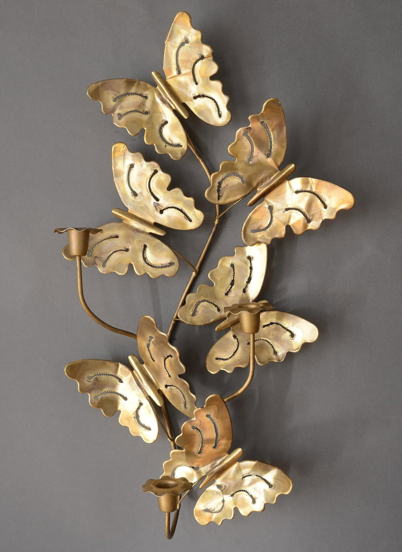 Vintage Brass Triple Candle Butterfly Wall Candelabra - 11