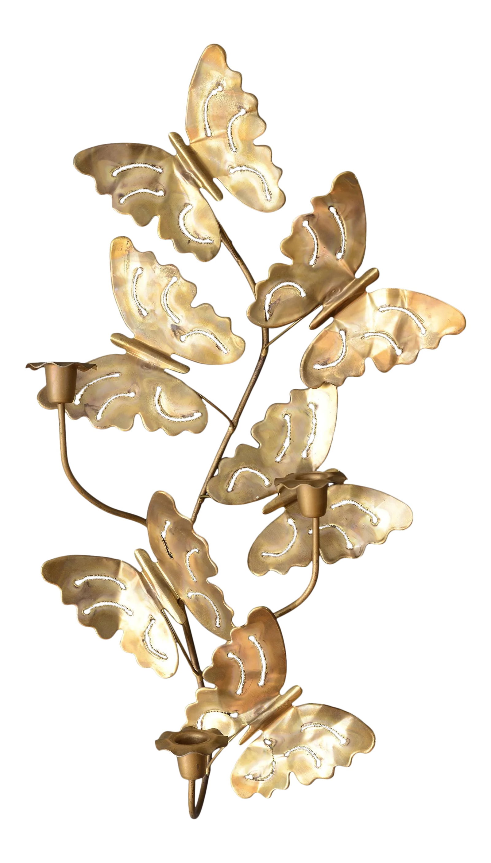 Vintage Brass Triple Candle Butterfly Wall Candelabra: Beautiful vintage brass triple sconce or candelabra in the form of six butterflies on a branch. Butterflies are made of malleable thin brass sheets. There is one hook on the very top on the backside f