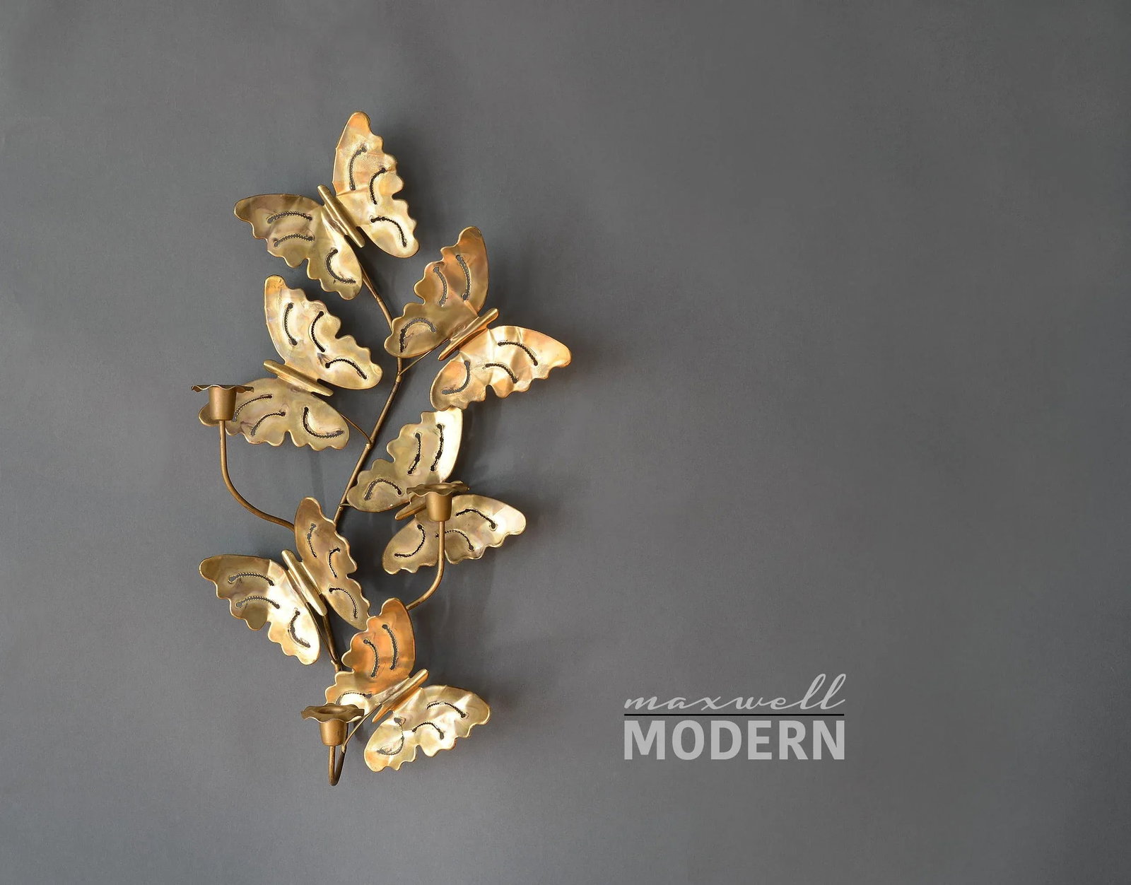 Vintage Brass Triple Candle Butterfly Wall Candelabra - 2