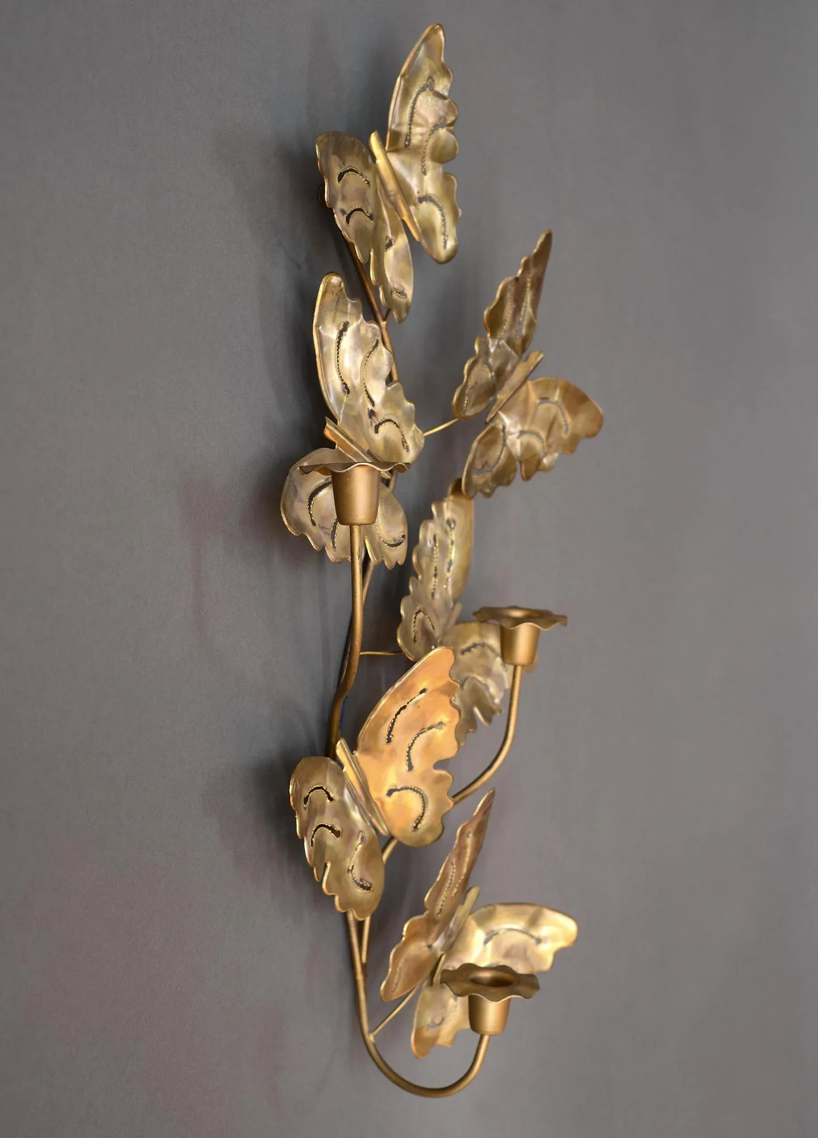 Vintage Brass Triple Candle Butterfly Wall Candelabra - 3