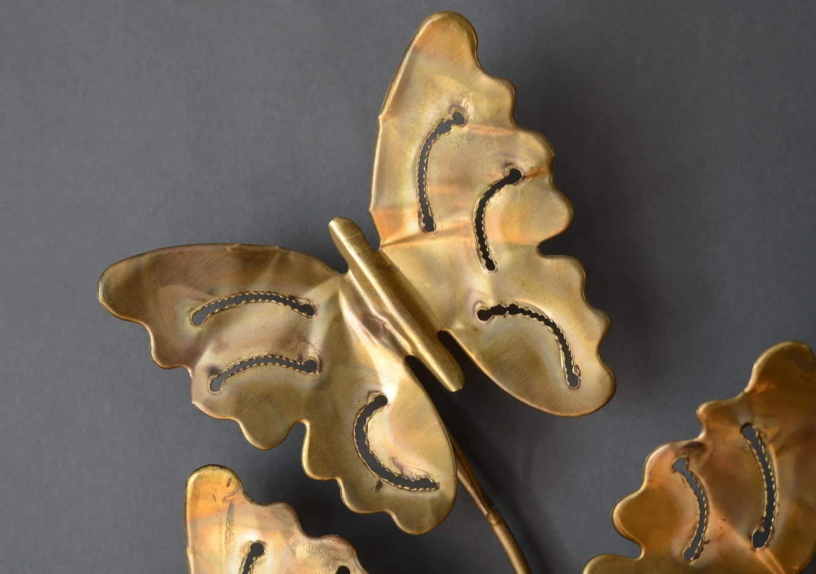 Vintage Brass Triple Candle Butterfly Wall Candelabra - 5