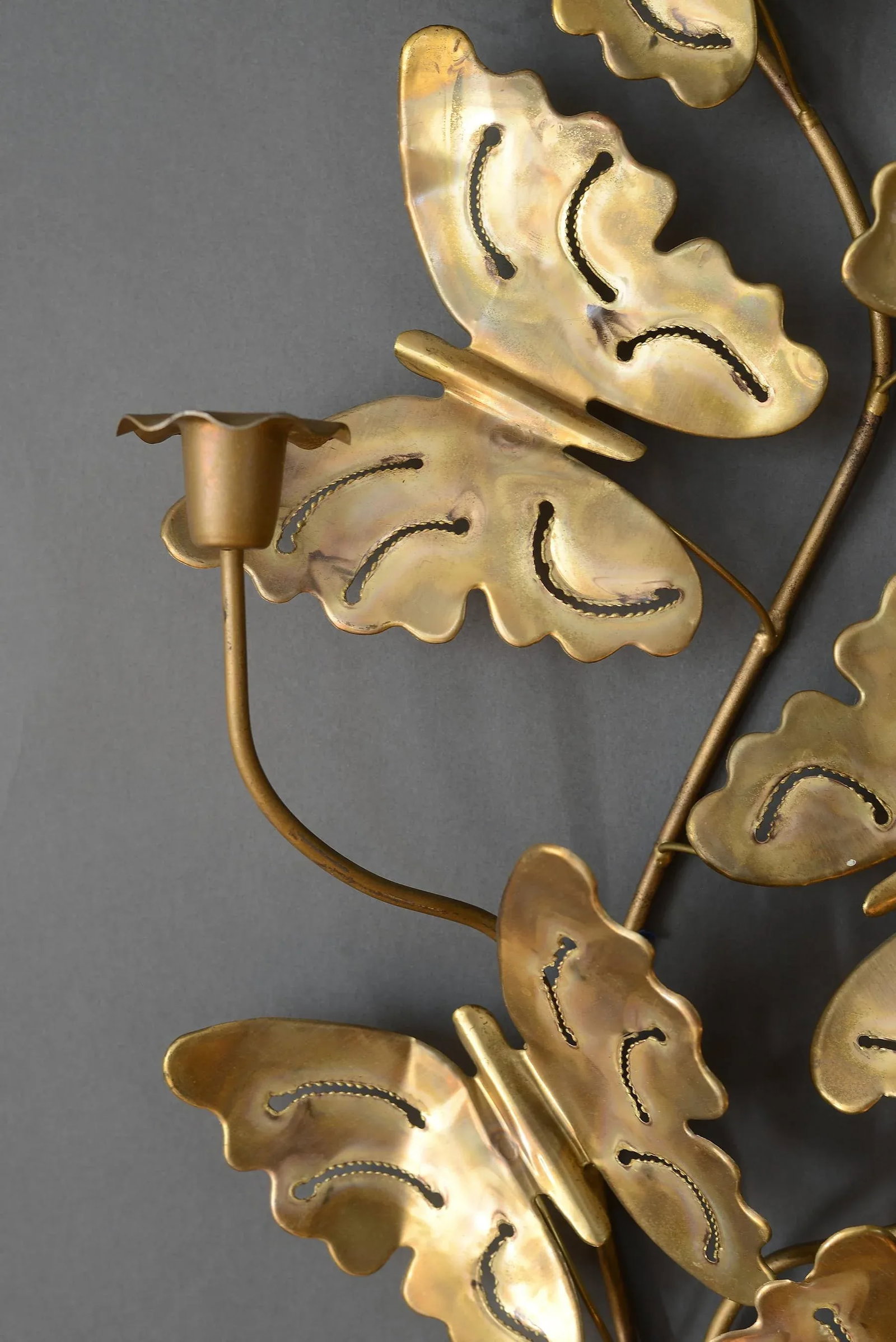 Vintage Brass Triple Candle Butterfly Wall Candelabra - 6