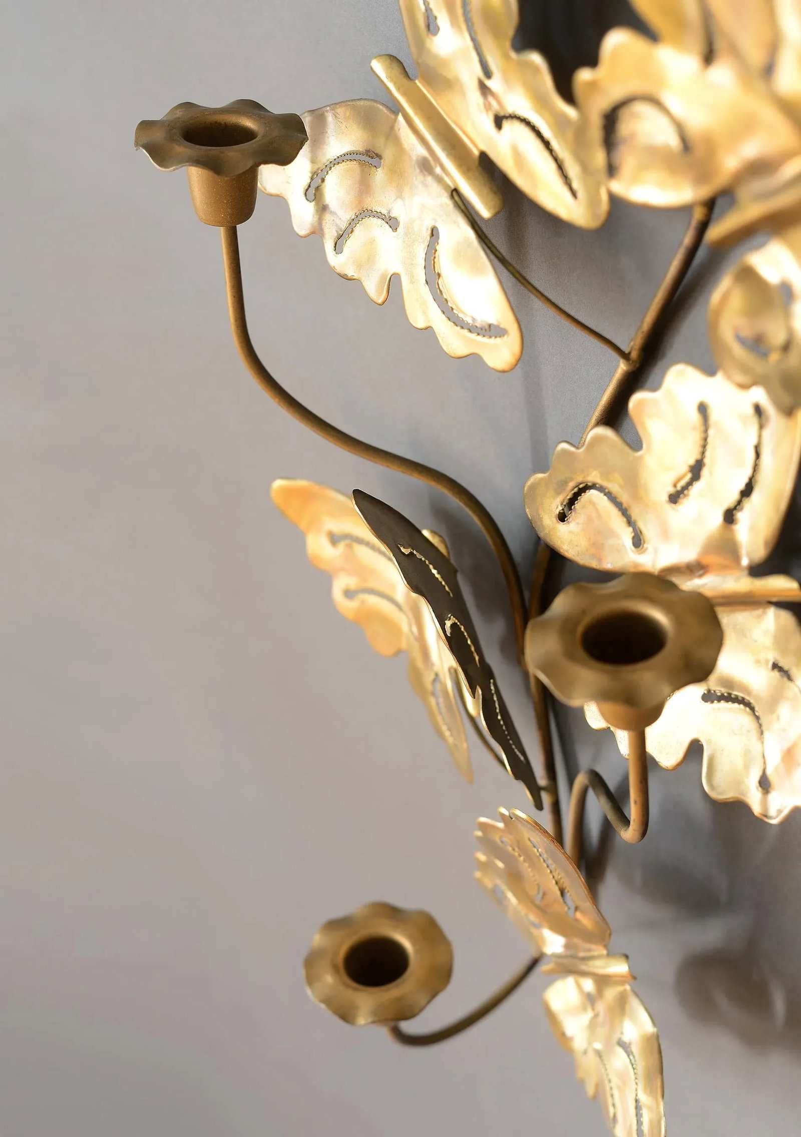 Vintage Brass Triple Candle Butterfly Wall Candelabra - 7