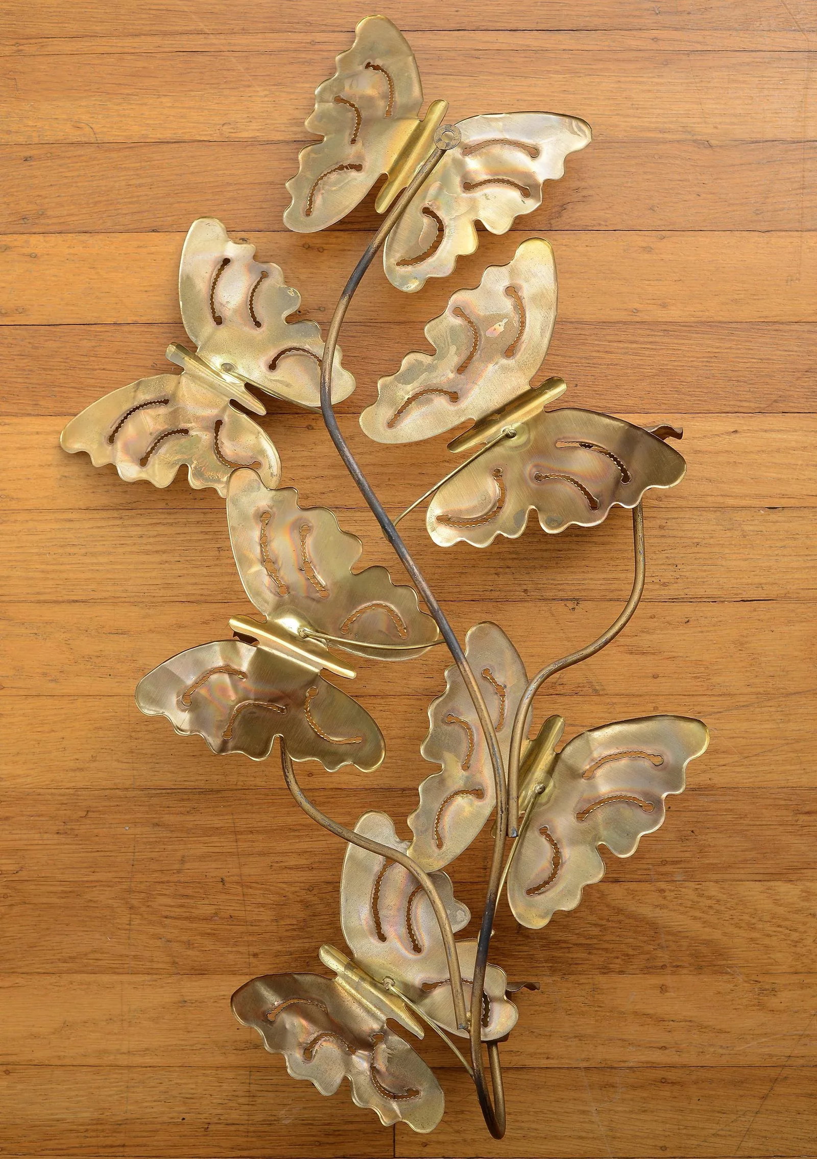 Vintage Brass Triple Candle Butterfly Wall Candelabra - 9