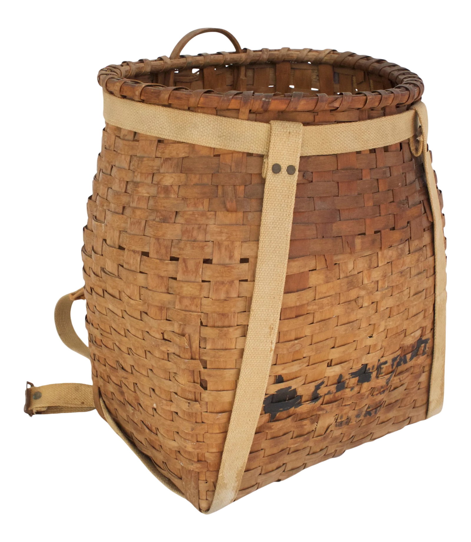 Early 20th-C. Adirondack Trapper Basket: Early 20th C. adirondack trapper basket with canvas strap detail. No maker's mark. Minimal age wear. Condition: Alterations: Original Condition Unaltered Imperfections: Some Imperfections Condition No