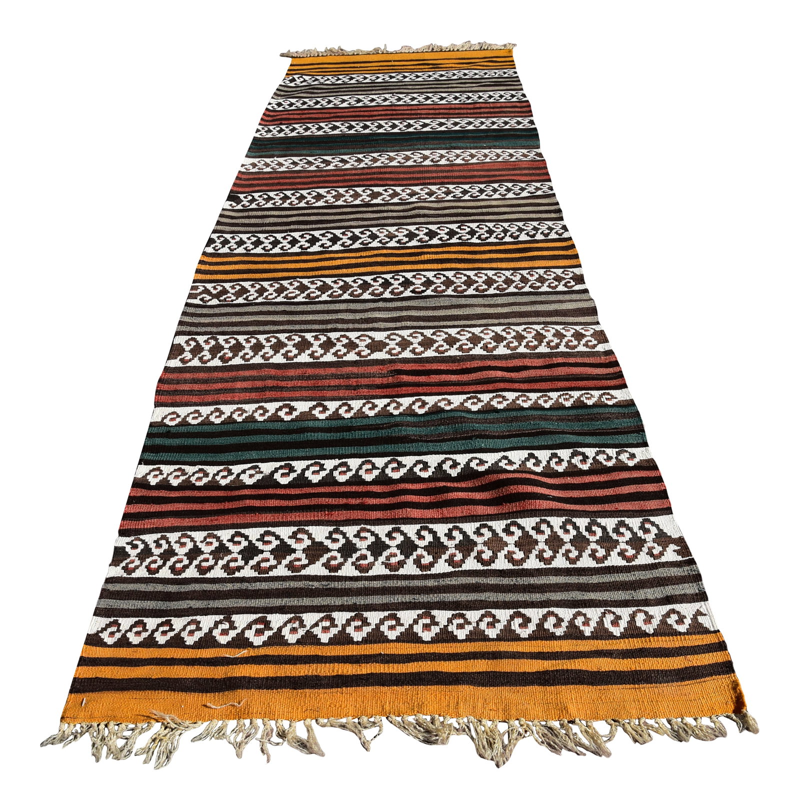 1970s Scandinavian Hand Knotted Colorful Runner: Size: 3.3 x 12 ft (99 x 363 cm) 38 x 142 inches Color: Black , White , Green , Yellow , Orange Material: 100% Wool Fast Shipping: Delivery in 3-5 Business Days. All rugs are handwoven by traditional t
