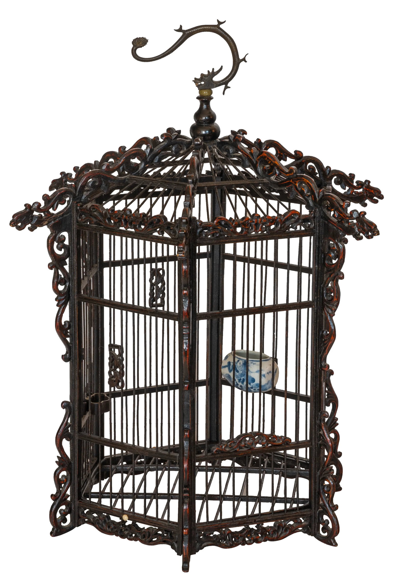 19th Century Asian Pagoda Style Bamboo and Hard Wood Dragon Carved Bird Cage - 2