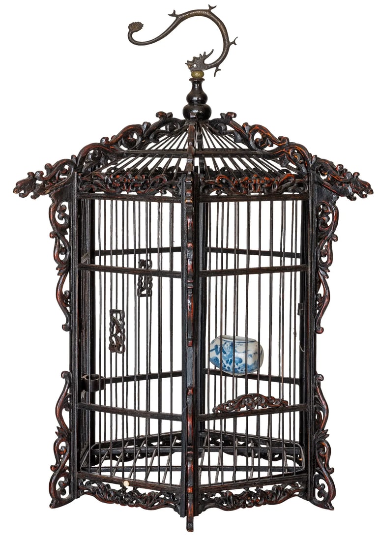 19th Century Asian Pagoda Style Bamboo and Hard Wood Dragon Carved Bird Cage - 3