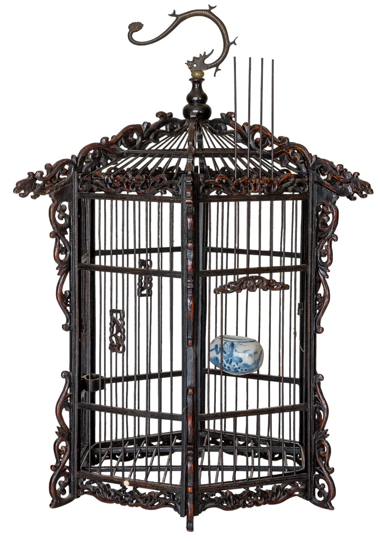 19th Century Asian Pagoda Style Bamboo and Hard Wood Dragon Carved Bird Cage - 4