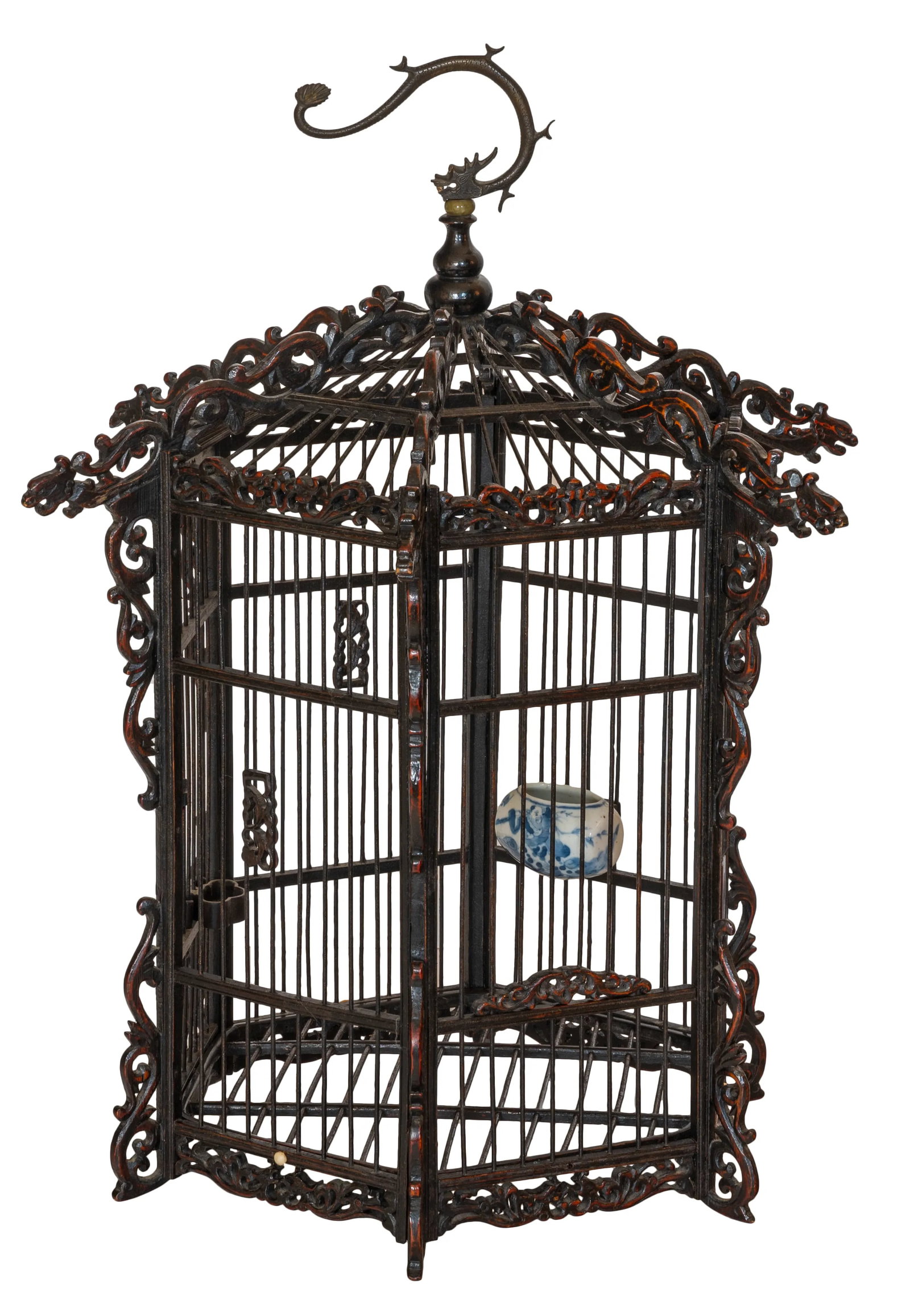 19th Century Asian Pagoda Style Bamboo and Hard Wood Dragon Carved Bird Cage - 5