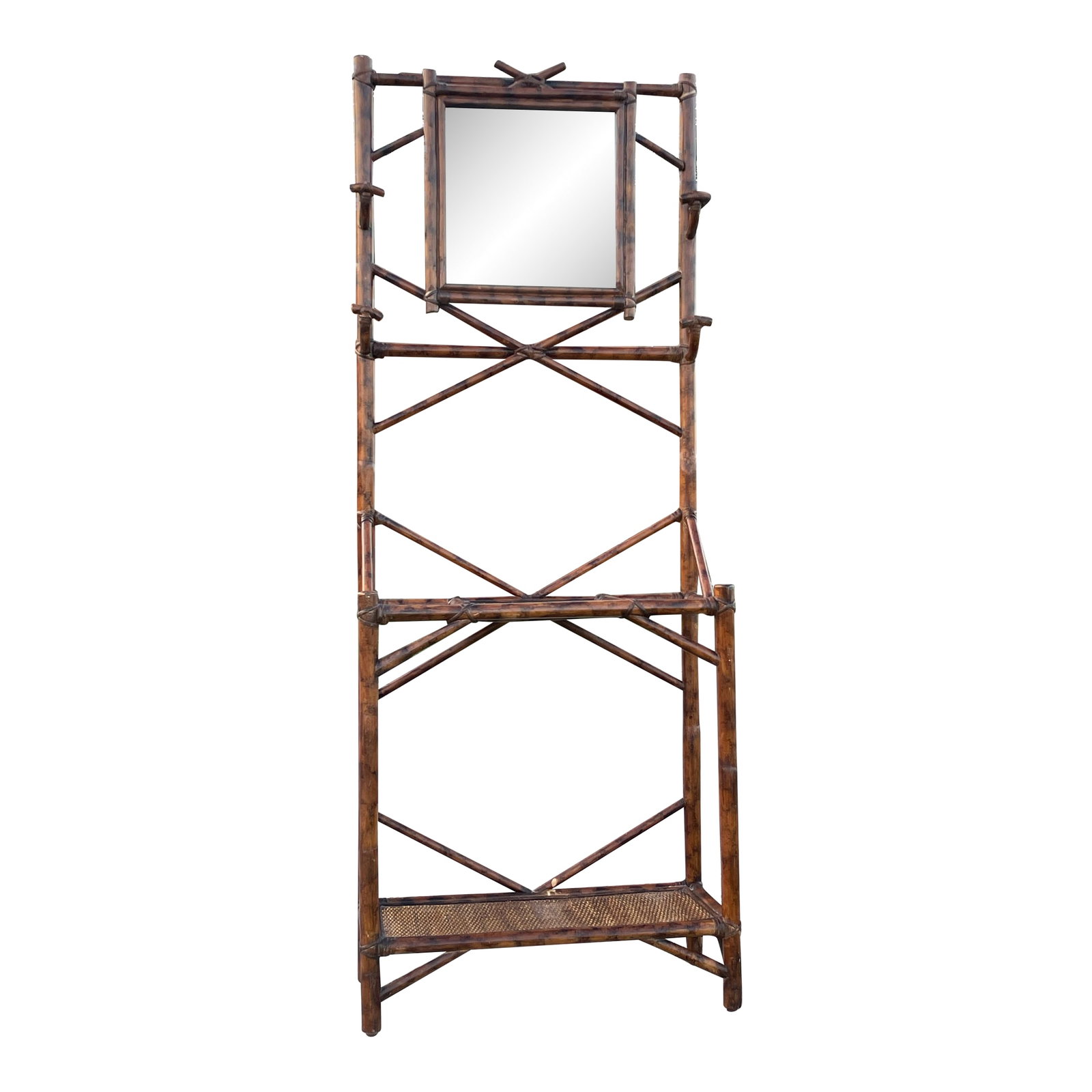 Burnt Bamboo Vintage Hall Tree: This is a Beautiful English Style Mid-Century Bamboo Hall Tree with center beveled mirror and four hooks for hats & Bags. Complete with a Center Shelf for keys and two sections for umbrellas.