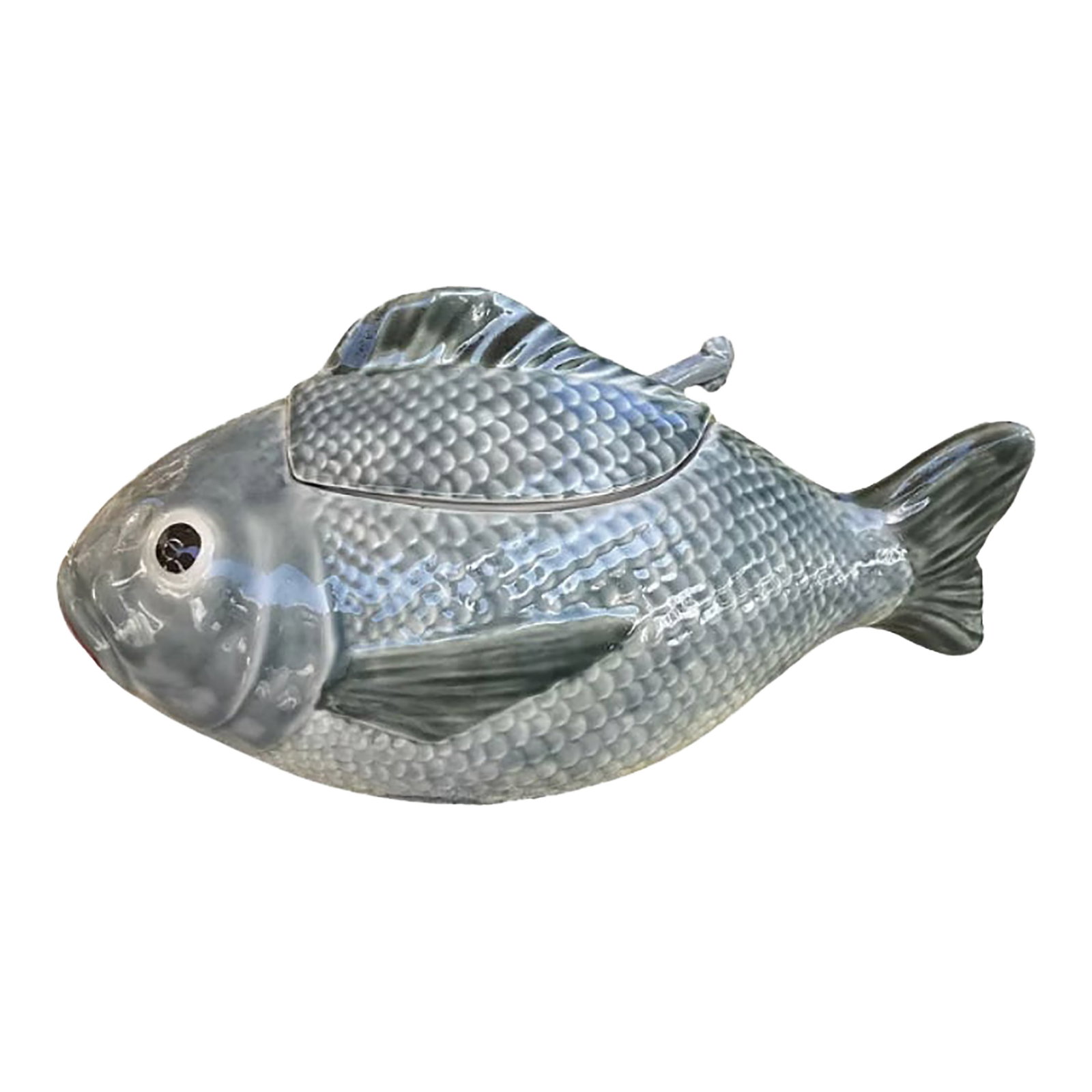 Vintage Majolica Fish Tureen With Ladle | 1950s: This 1950s Vintage Majolica Fish Tureen with Ladle is a striking example of mid-century craftsmanship, featuring vibrant hand-painted glazes and finely detailed scales. The matching ladle and lifelike