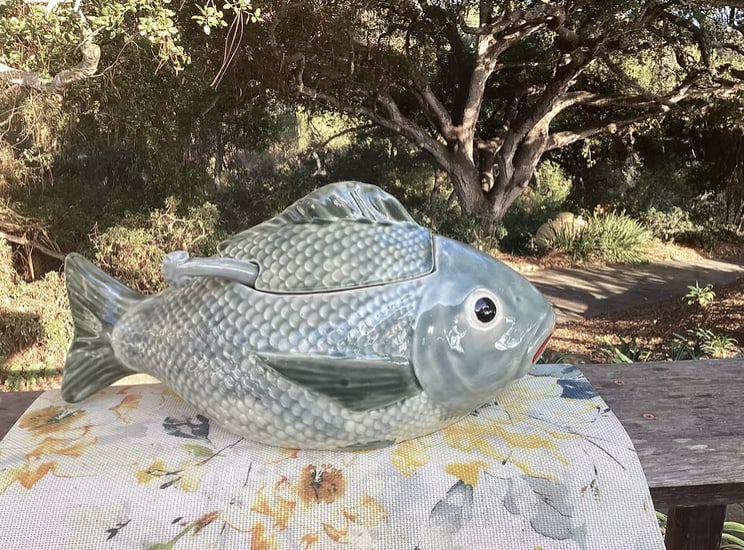 Vintage Majolica Fish Tureen With Ladle | 1950s - 2