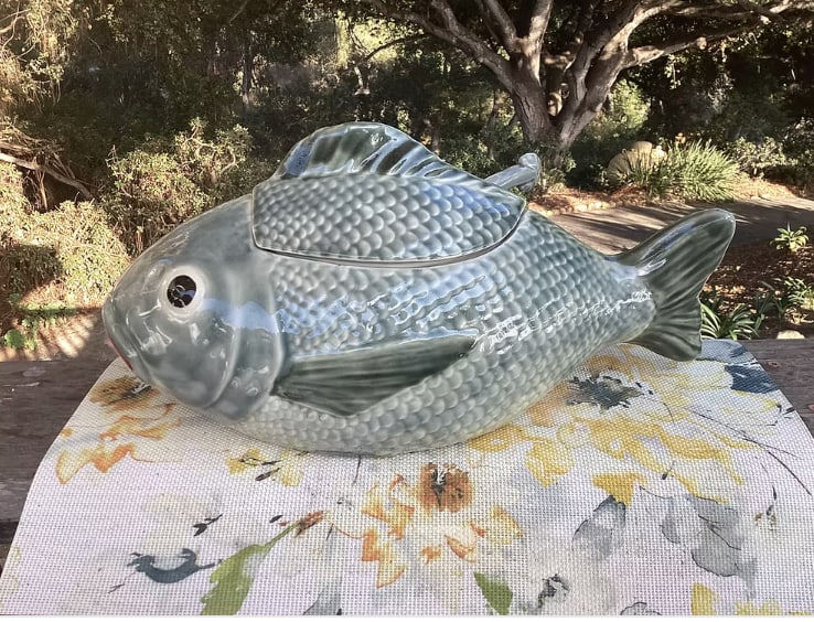 Vintage Majolica Fish Tureen With Ladle | 1950s - 5