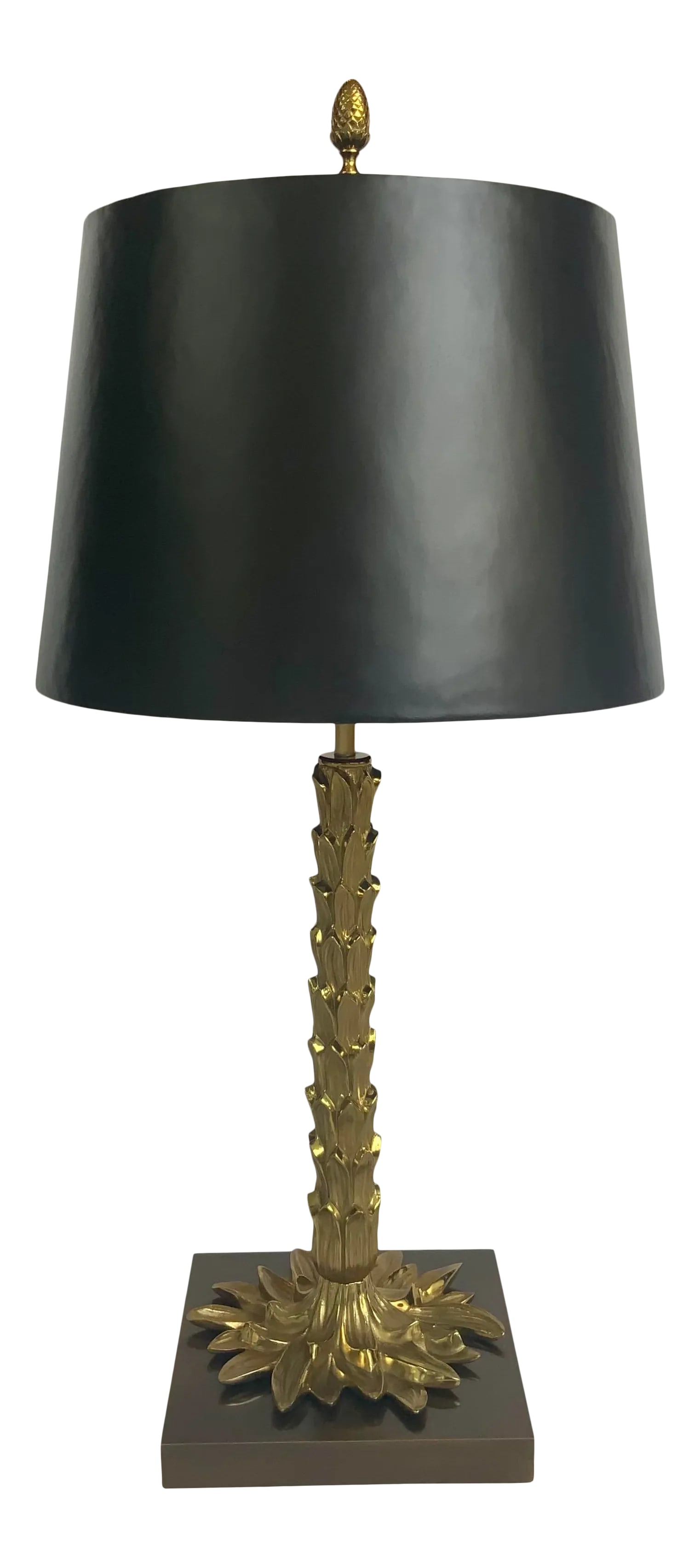 Baker Modern Organic Brass Finished Table Lamp: Original Retail $6000, stylish Baker Modern Organic Brass Finished Table Lamp, bronze metal shade and base, acorn finial, showroom floor sample Condition: Imperfections: Some Imperfections Condition N