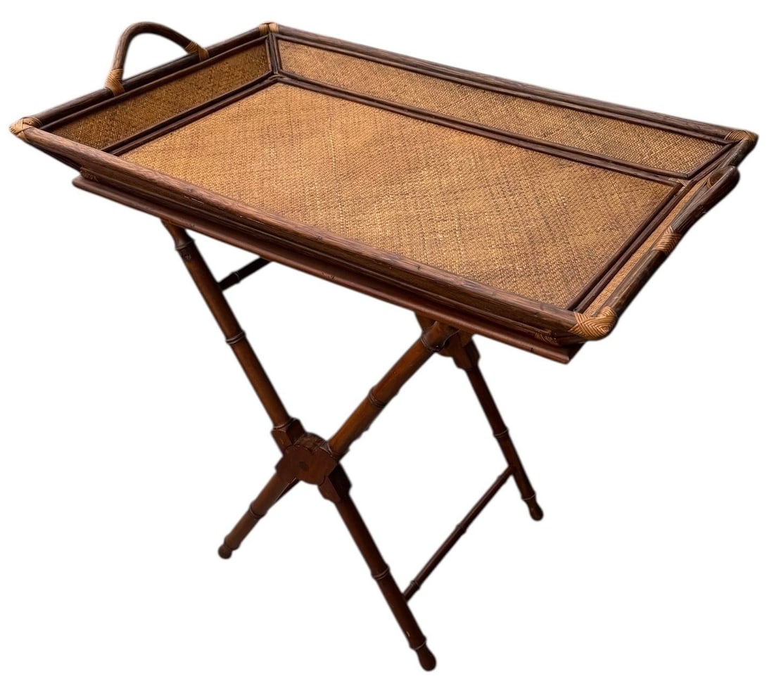 Vintage Rattan & Bamboo Butler Tray on Stand - 2