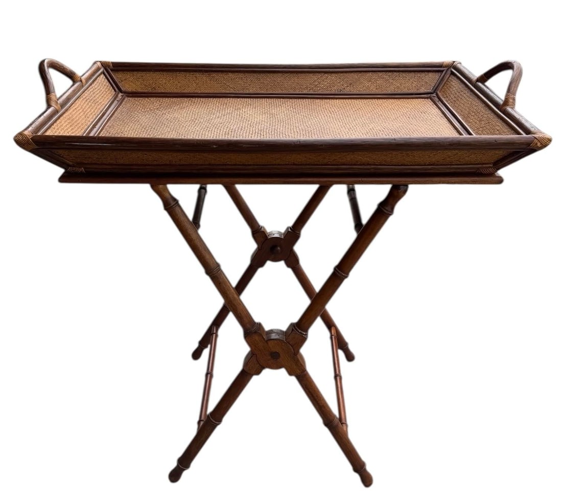 Vintage Rattan & Bamboo Butler Tray on Stand - 3