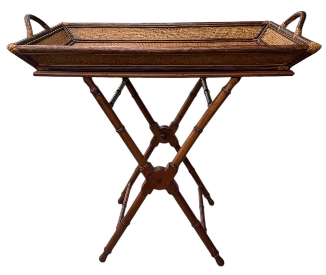 Vintage Rattan & Bamboo Butler Tray on Stand - 4