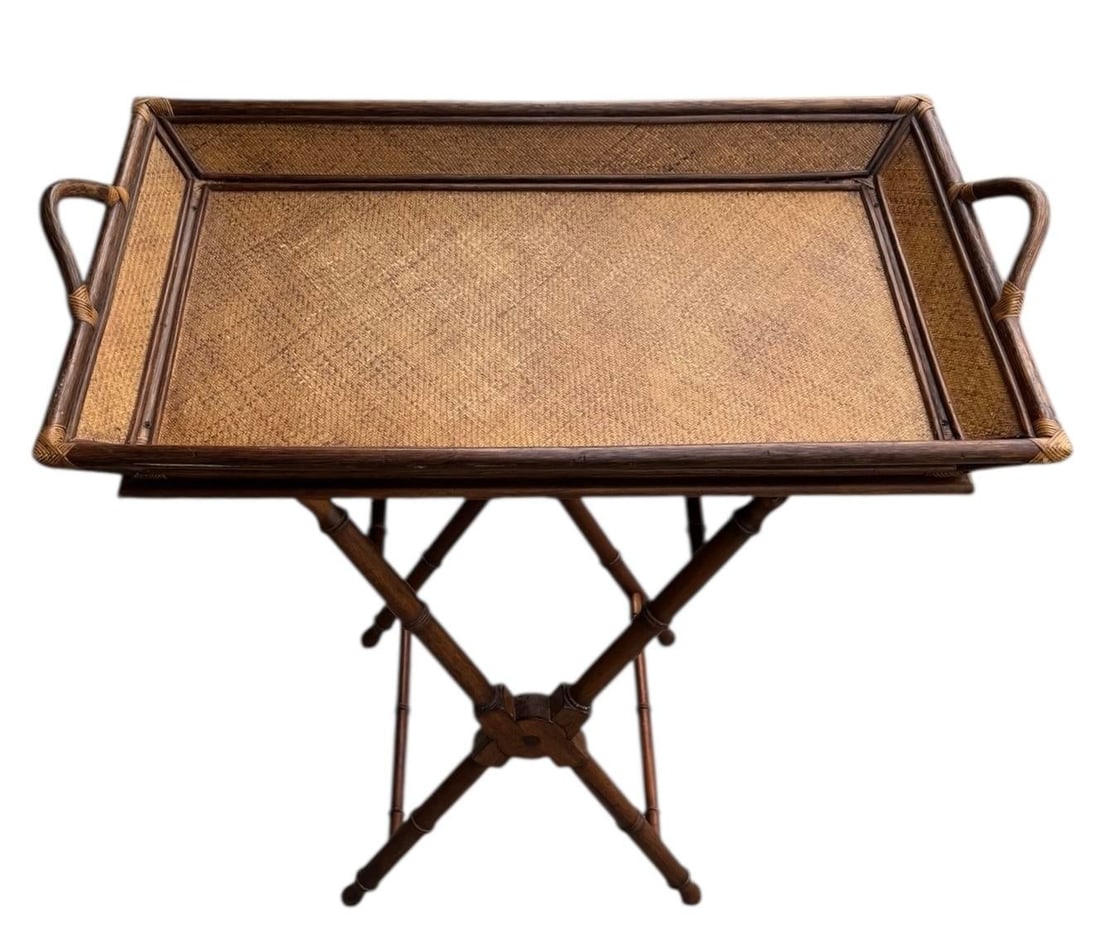 Vintage Rattan & Bamboo Butler Tray on Stand - 6