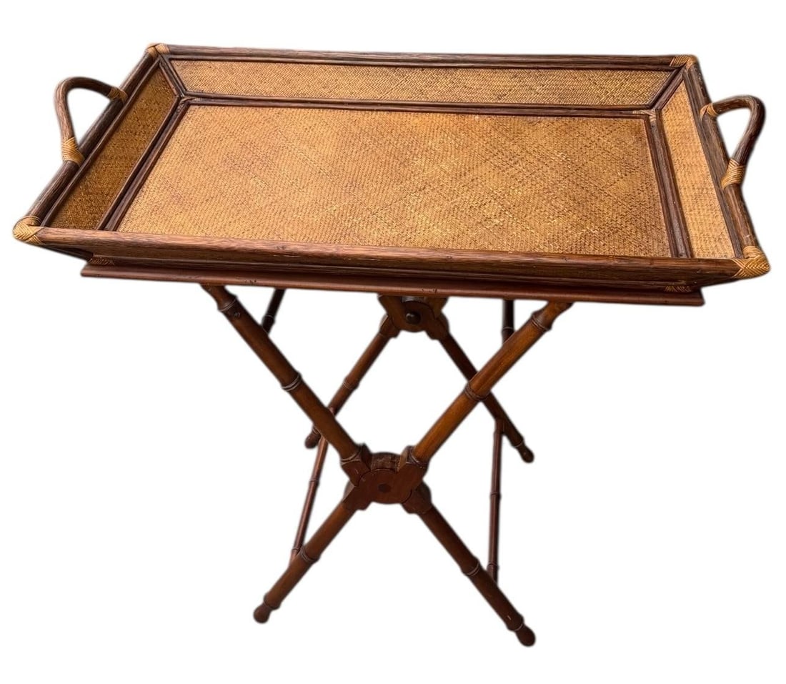 Vintage Rattan & Bamboo Butler Tray on Stand - 7