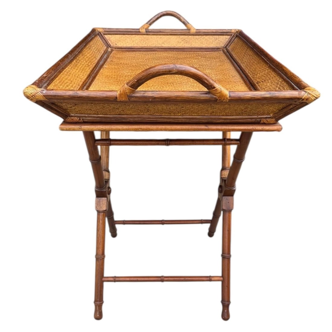 Vintage Rattan & Bamboo Butler Tray on Stand - 8