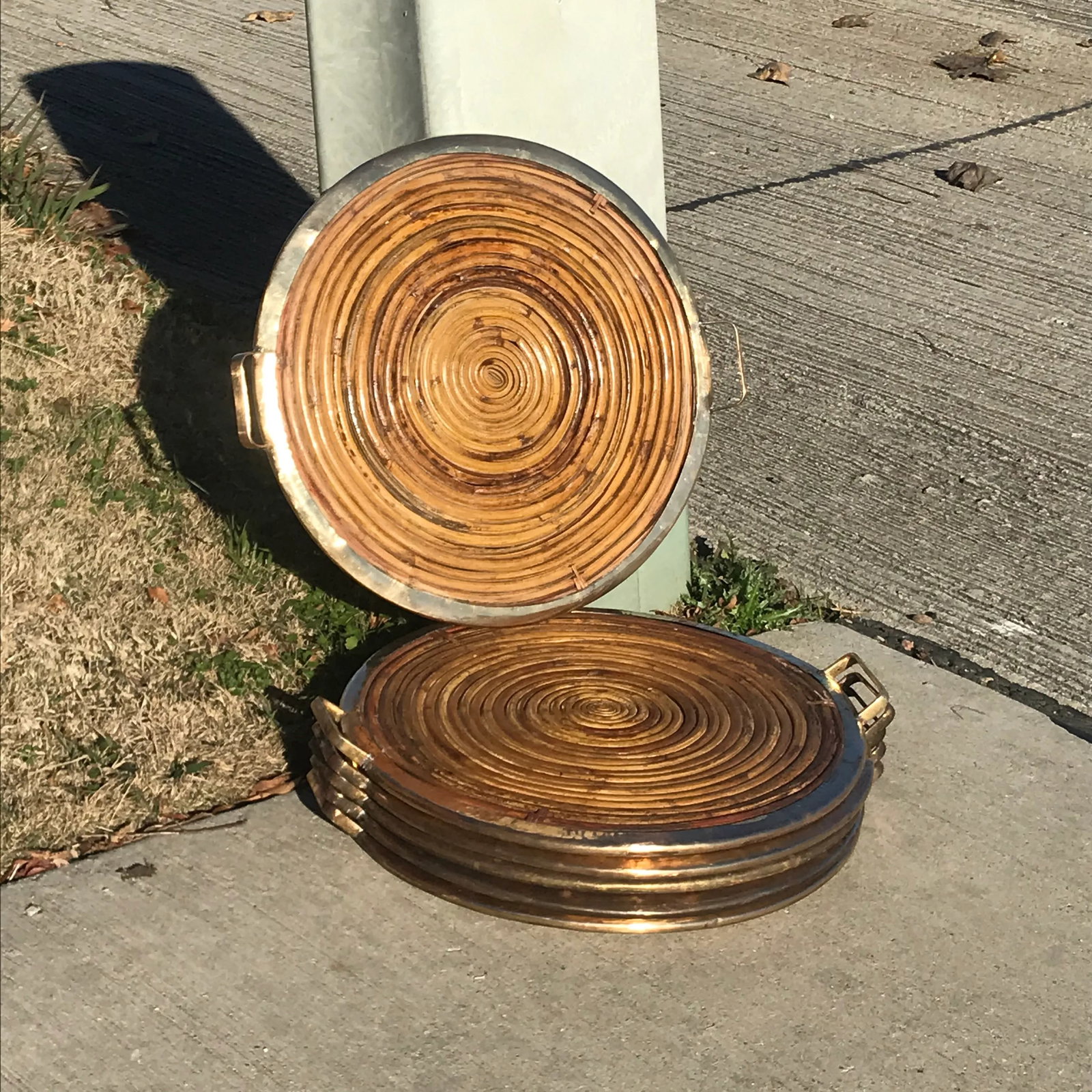 Gabriella Crespi Style Vintage Pencil Reed Coiled Bamboo Brass Rim Tray - 10