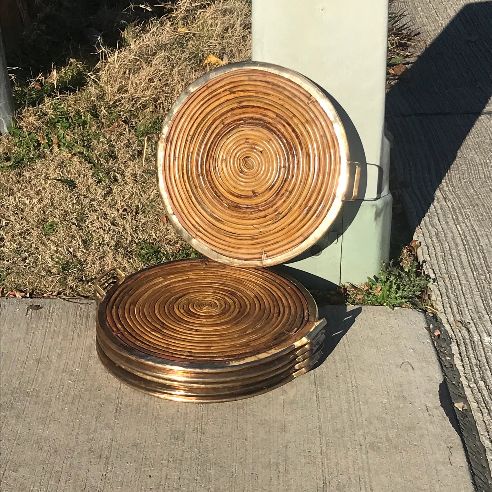 Gabriella Crespi Style Vintage Pencil Reed Coiled Bamboo Brass Rim Tray - 11