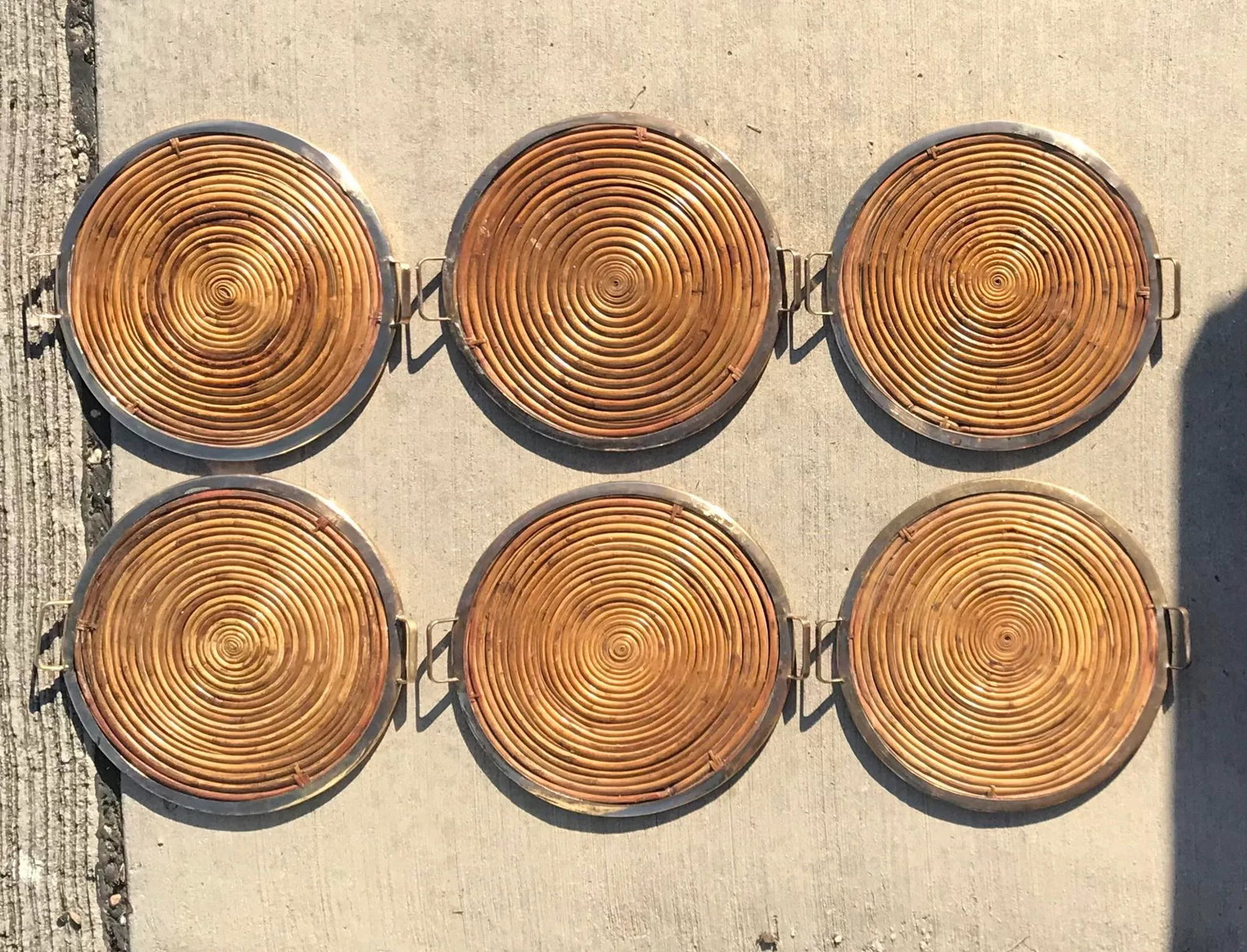 Gabriella Crespi Style Vintage Pencil Reed Coiled Bamboo Brass Rim Tray - 12