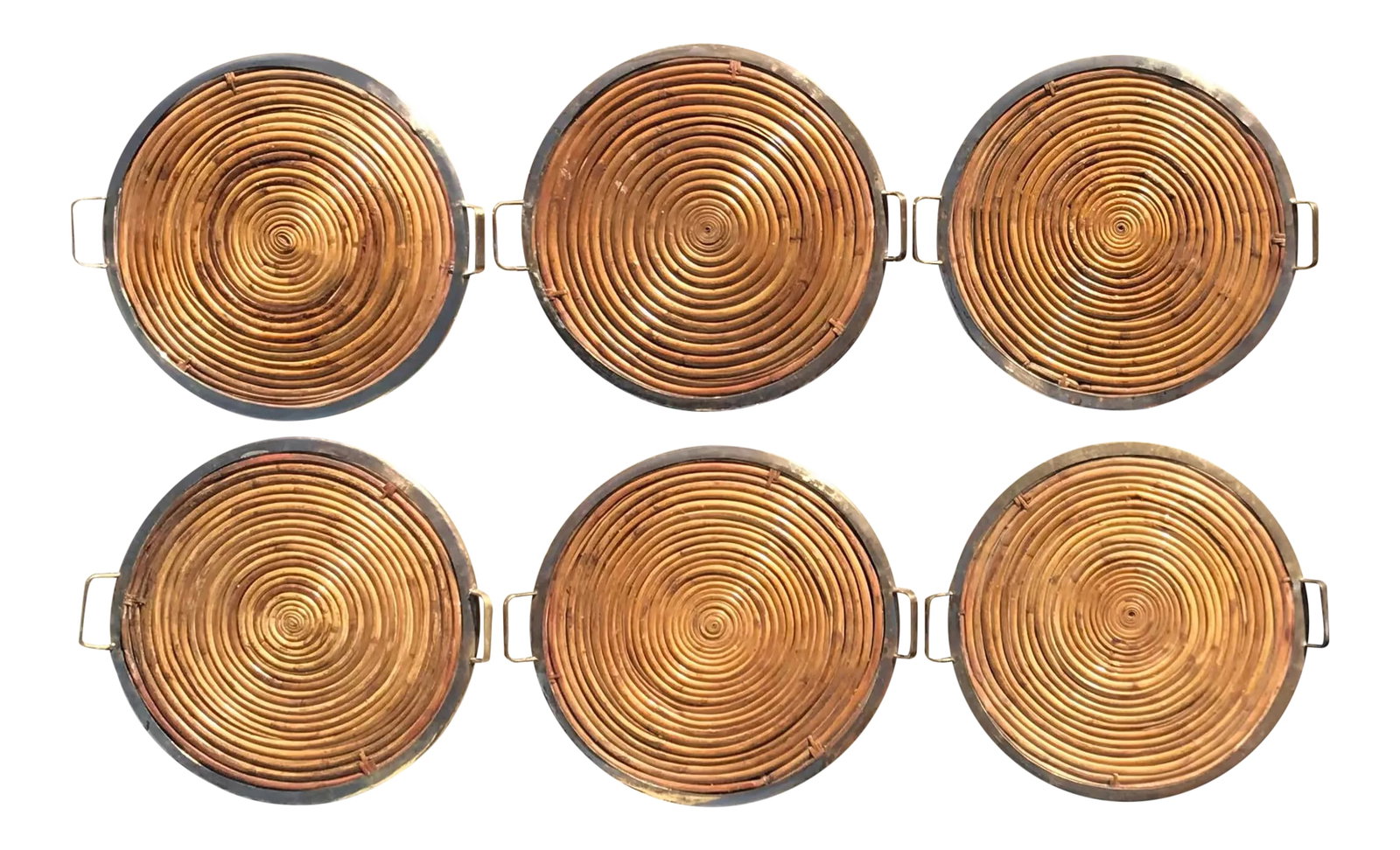 Gabriella Crespi Style Vintage Pencil Reed Coiled Bamboo Brass Rim Tray: Superbly handcrafted with attention to detail, these vintage circa 1980 chargers have perfect patina brass rim and handles make the tray a pleasure to use. These pencil reed, coiled bamboo and brass r