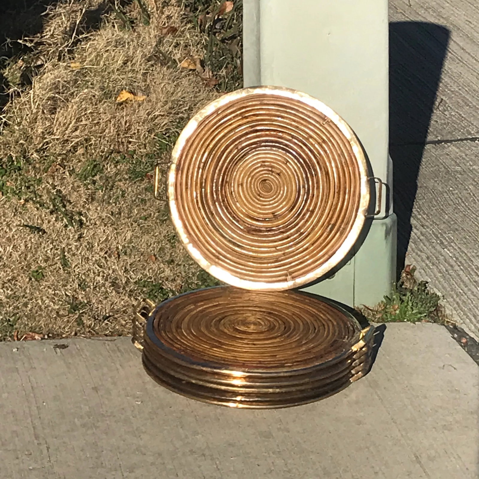 Gabriella Crespi Style Vintage Pencil Reed Coiled Bamboo Brass Rim Tray - 2