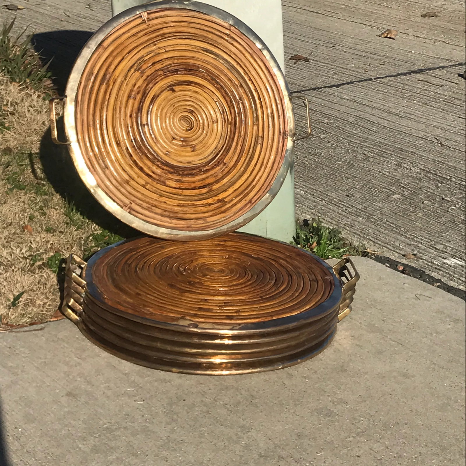 Gabriella Crespi Style Vintage Pencil Reed Coiled Bamboo Brass Rim Tray - 3