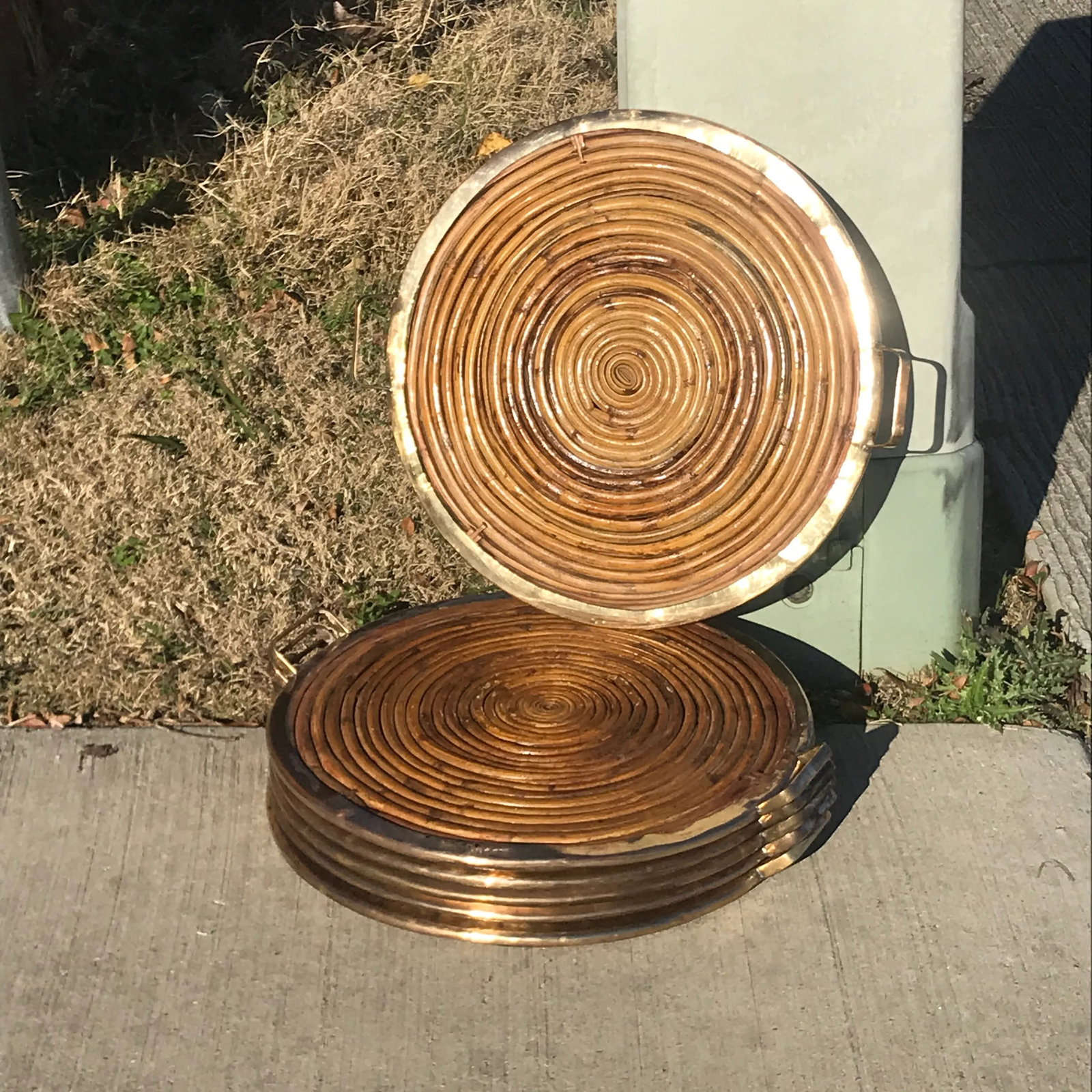 Gabriella Crespi Style Vintage Pencil Reed Coiled Bamboo Brass Rim Tray - 4