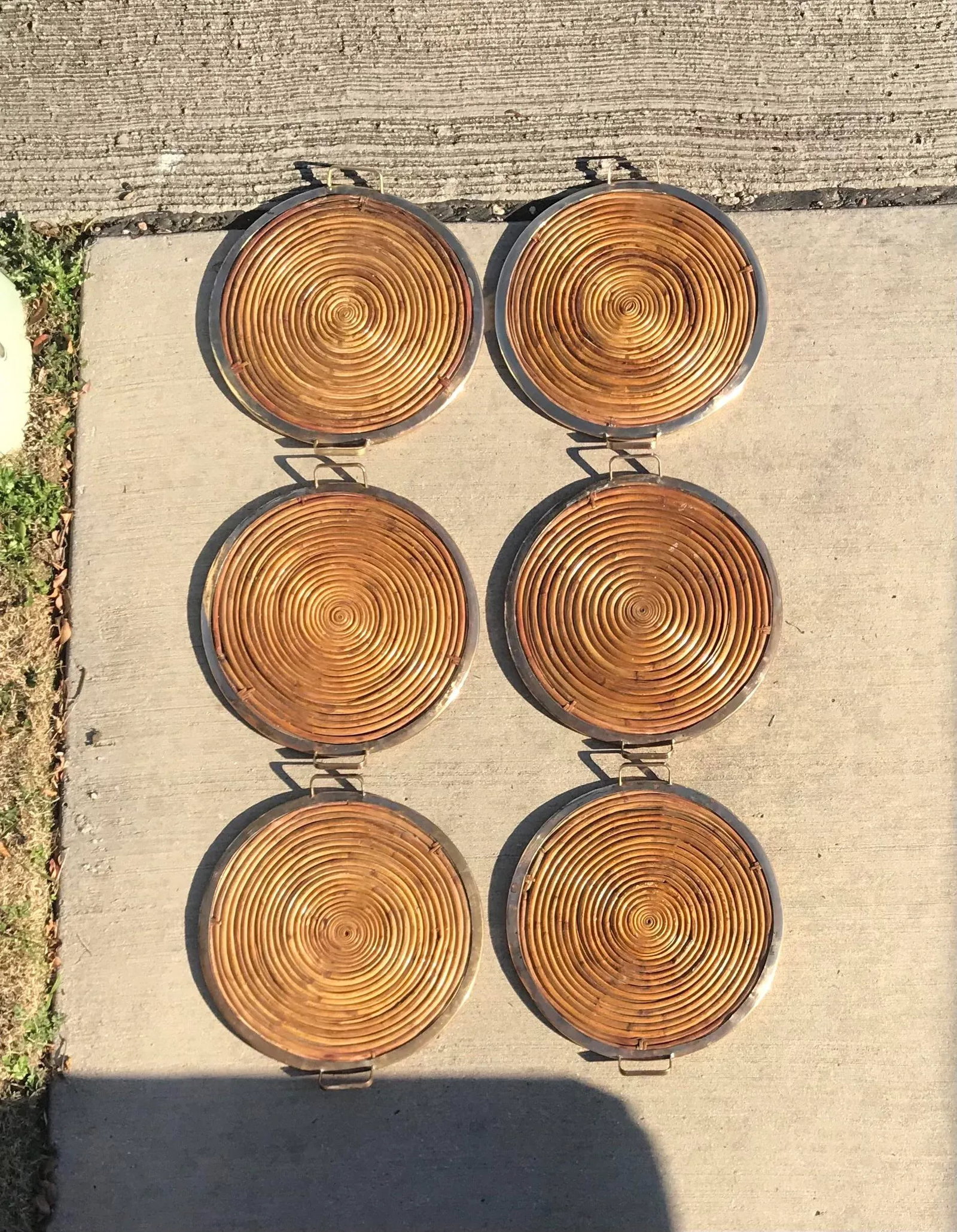 Gabriella Crespi Style Vintage Pencil Reed Coiled Bamboo Brass Rim Tray - 7