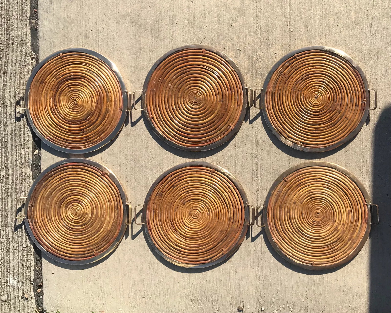 Gabriella Crespi Style Vintage Pencil Reed Coiled Bamboo Brass Rim Tray - 8